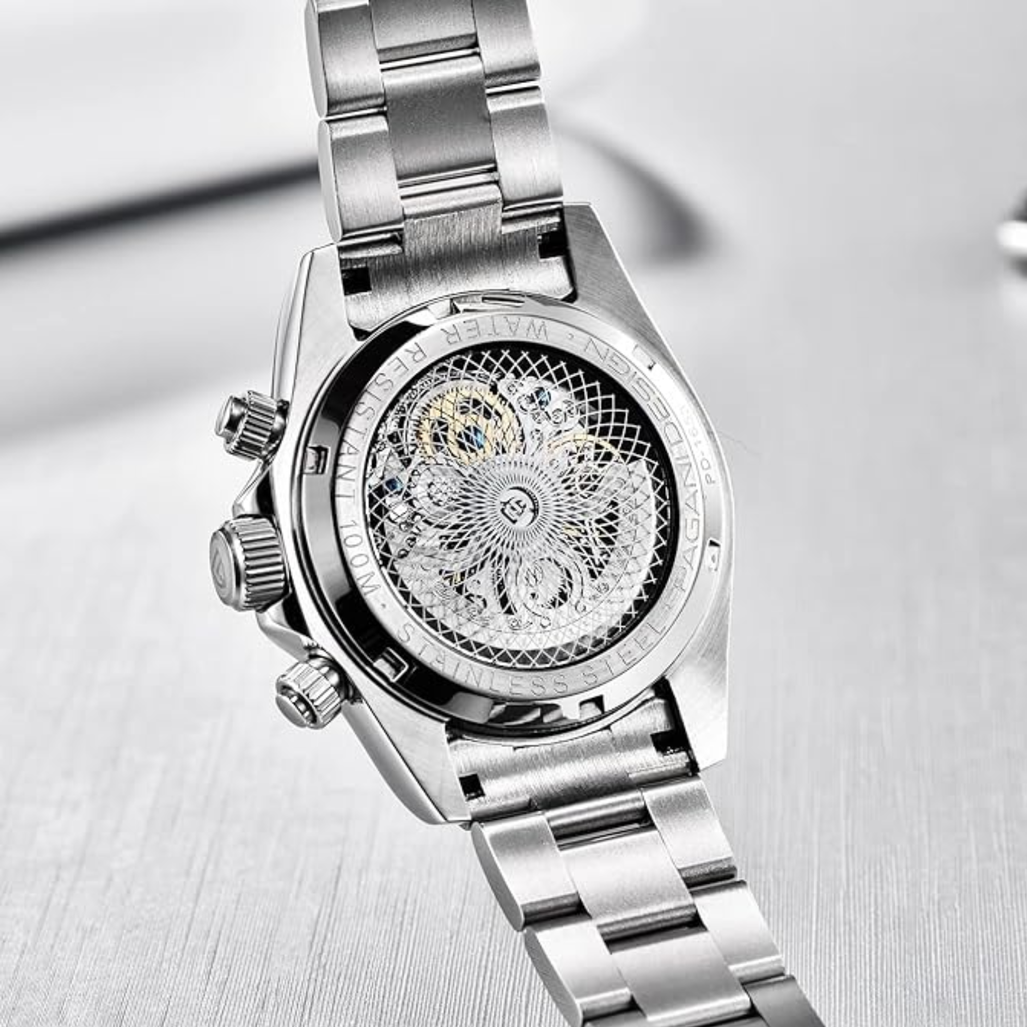 Pagani Design Men's Watch Rainbow Bezel Automatic Mechanical Waterproof Stainless Steel Watch Skeleton Watches for Men (Silver PD-1653)