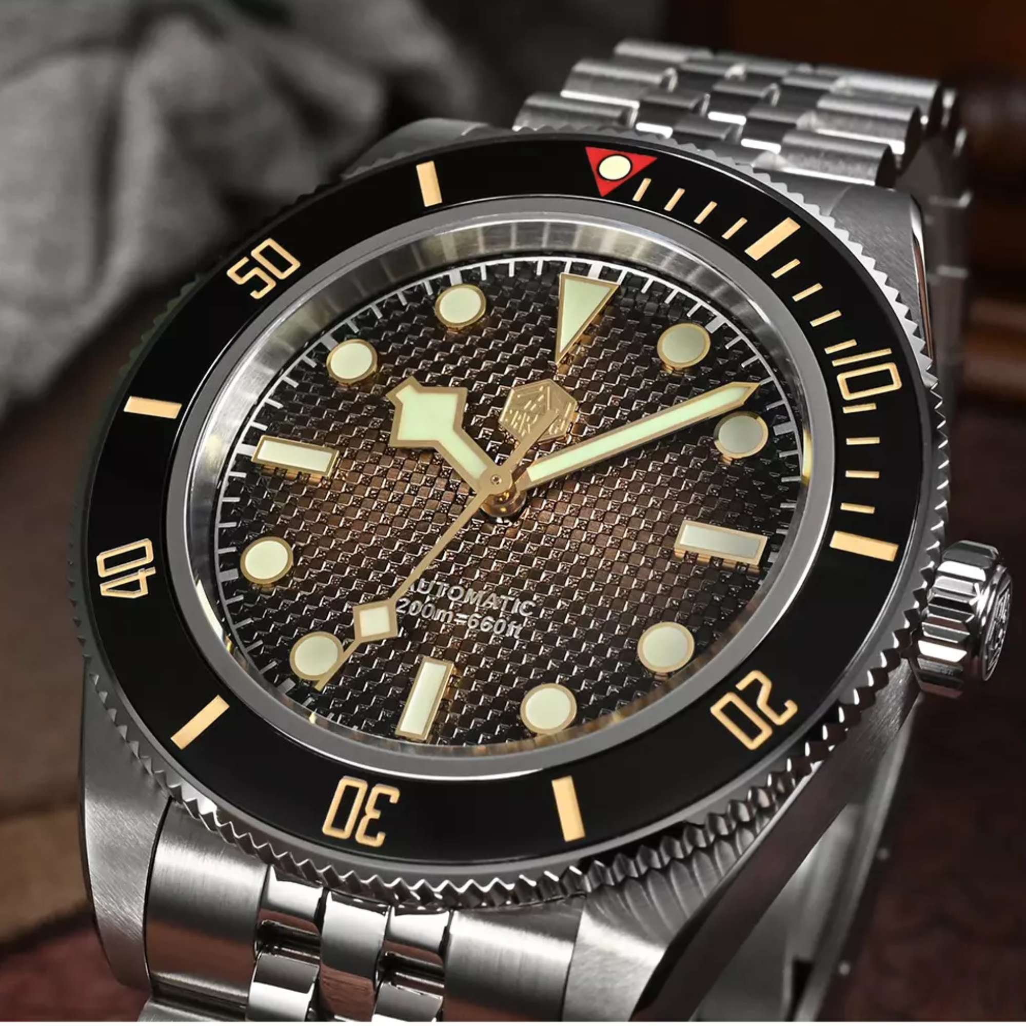 San Martin New 40mm BB Diver Watch snowflake hands NH35 Automatic Mechanical Sapphire brown/gray gradient grid dial SN0128-B