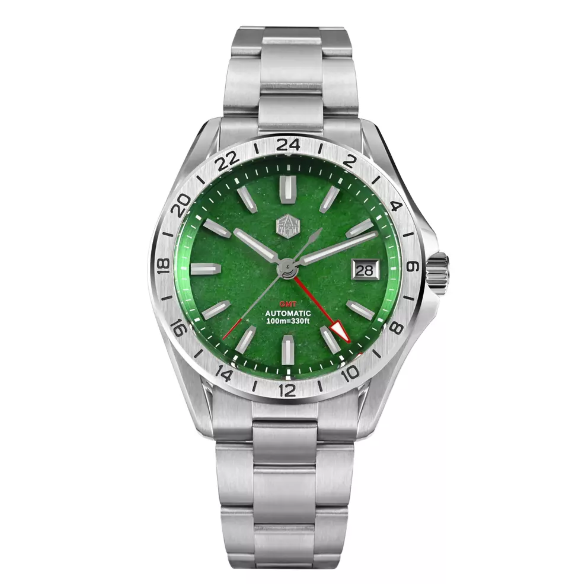 San Martin New 39mm Luxury Men’s Business Dress GMT Watch NH34 Automatic Mechanical Date Windows Waterproof 100m Luminous With Red Agate and Green Jade Dial SN0129-B-1