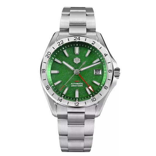 San Martin New 39mm Luxury Men’s Business Dress GMT Watch NH34 Automatic Mechanical Date Windows Waterproof 100m Luminous With Red Agate and Green Jade Dial SN0129-B-1