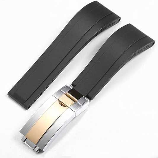 High End Curved FKM Rubber Watch Band with Oyster Style Deployment Clasp: 20 mm - Black with Gold Dual tone