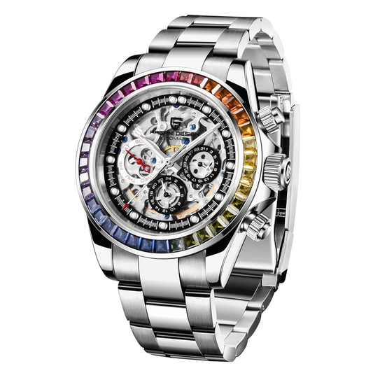 Pagani Design Men's Watch Rainbow Bezel Automatic Mechanical Waterproof Stainless Steel Watch Skeleton Watches for Men (Silver PD-1653)