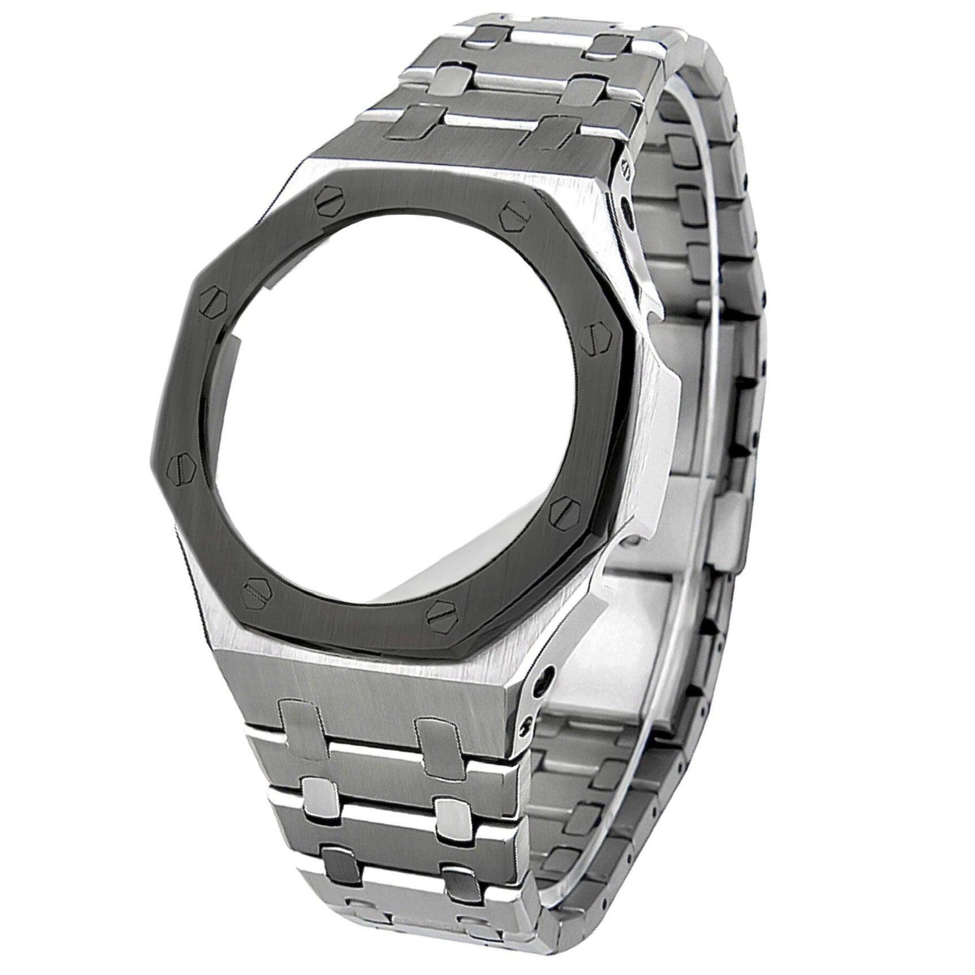 Mod Kit Metal Watchband and Metal Case for G-shock GM-2100 and GM-2110/B-2100 " Casioak" (SILVER WITH BLACK RING)