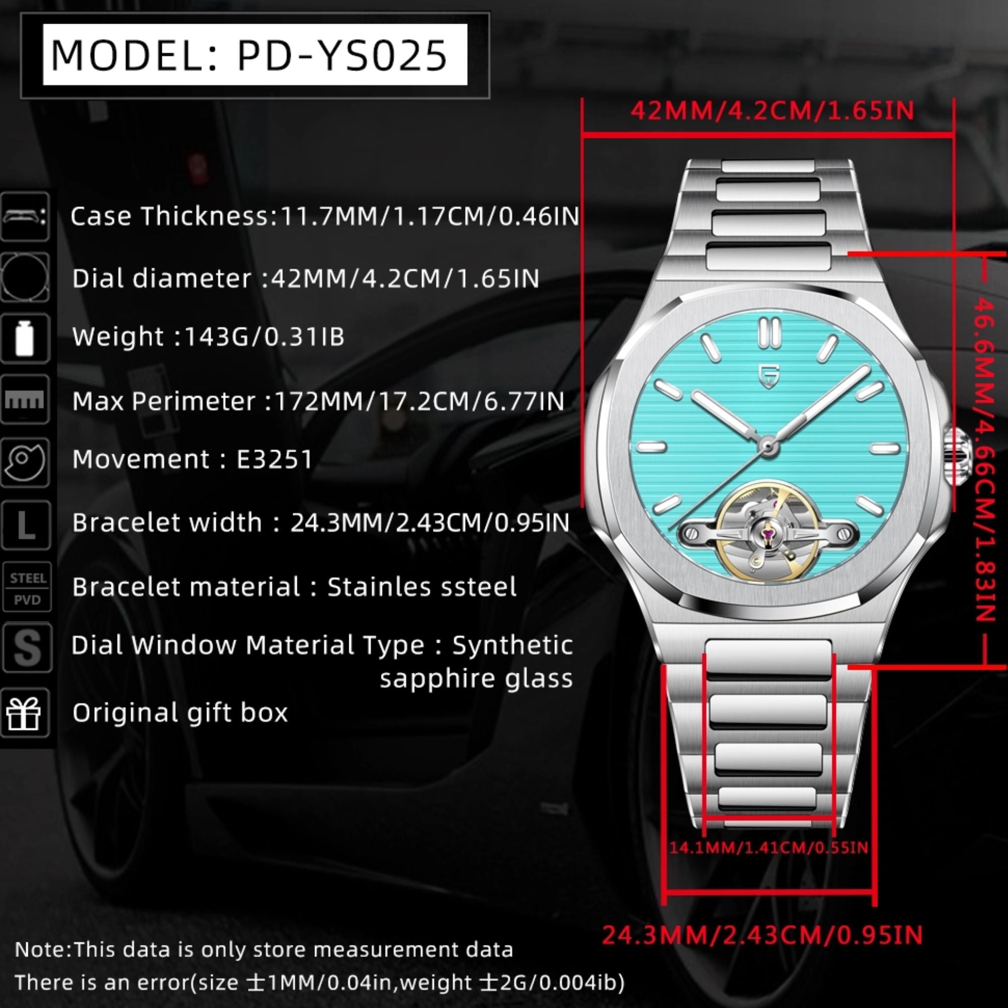 PAGANI DESIGN PD-YS025 Automatic Stainless Steel Sapphire Glass Wristwatch with open Balance Wheel