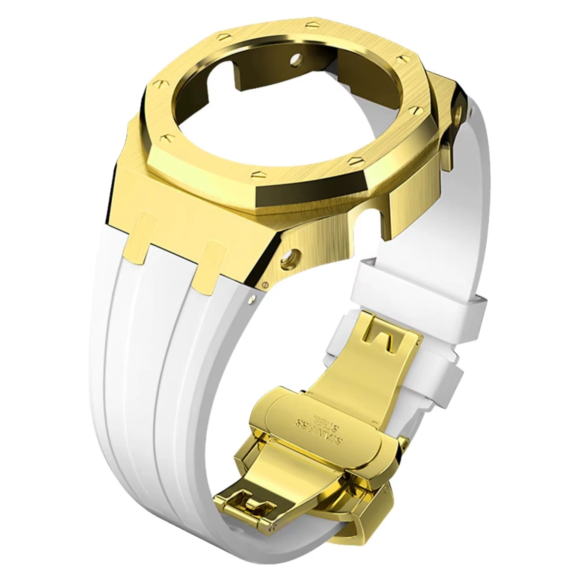 Mod Kit Metal Watchband and Metal Case for G-shock GM-2100 and GM-2110/B-2100 " Casioak" (WHITE WITH GOLDEN)