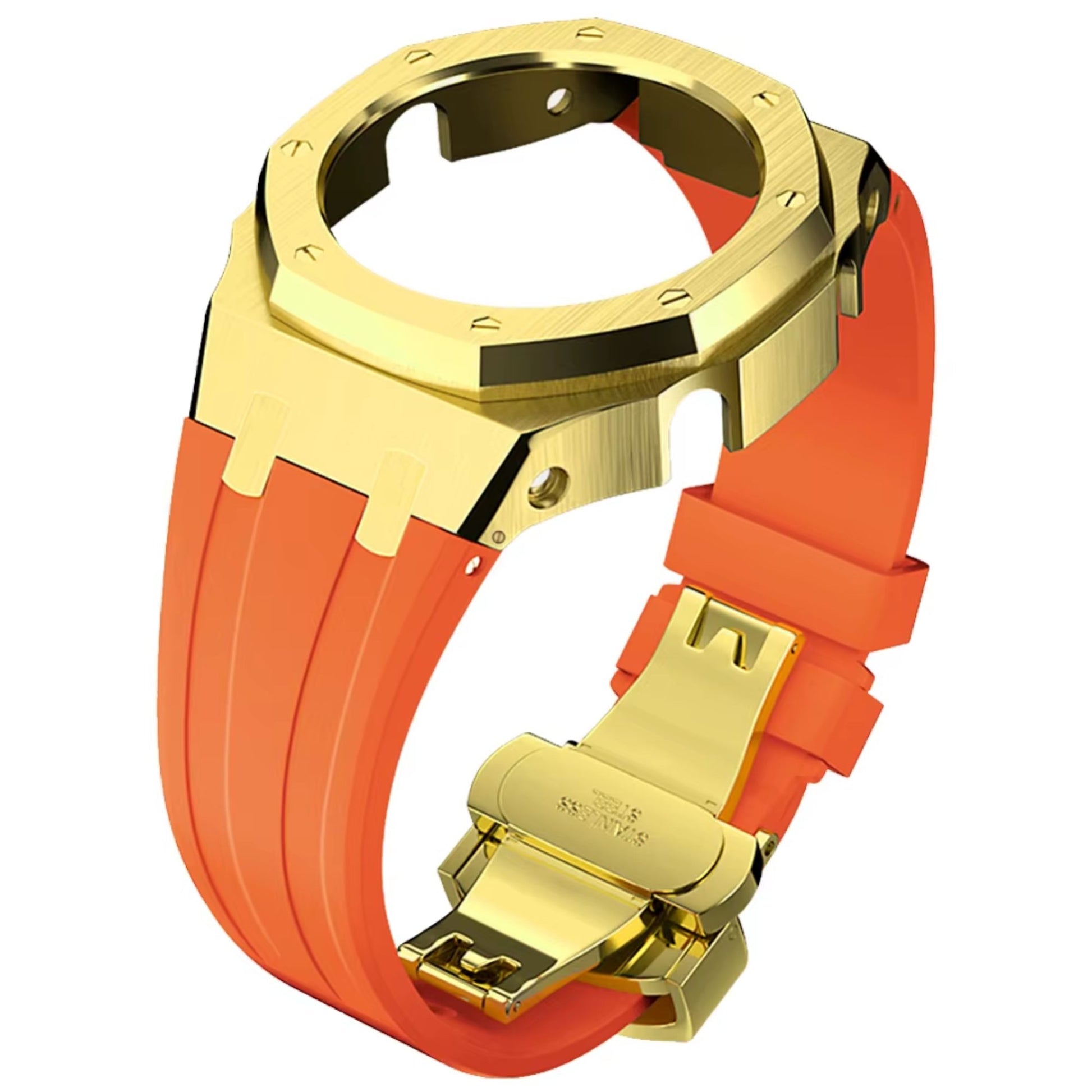 Mod Kit Metal Watchband and Metal Case for G-shock GM-2100 and GM-2110/B-2100 " Casioak"(ORANGE WITH GOLDEN)