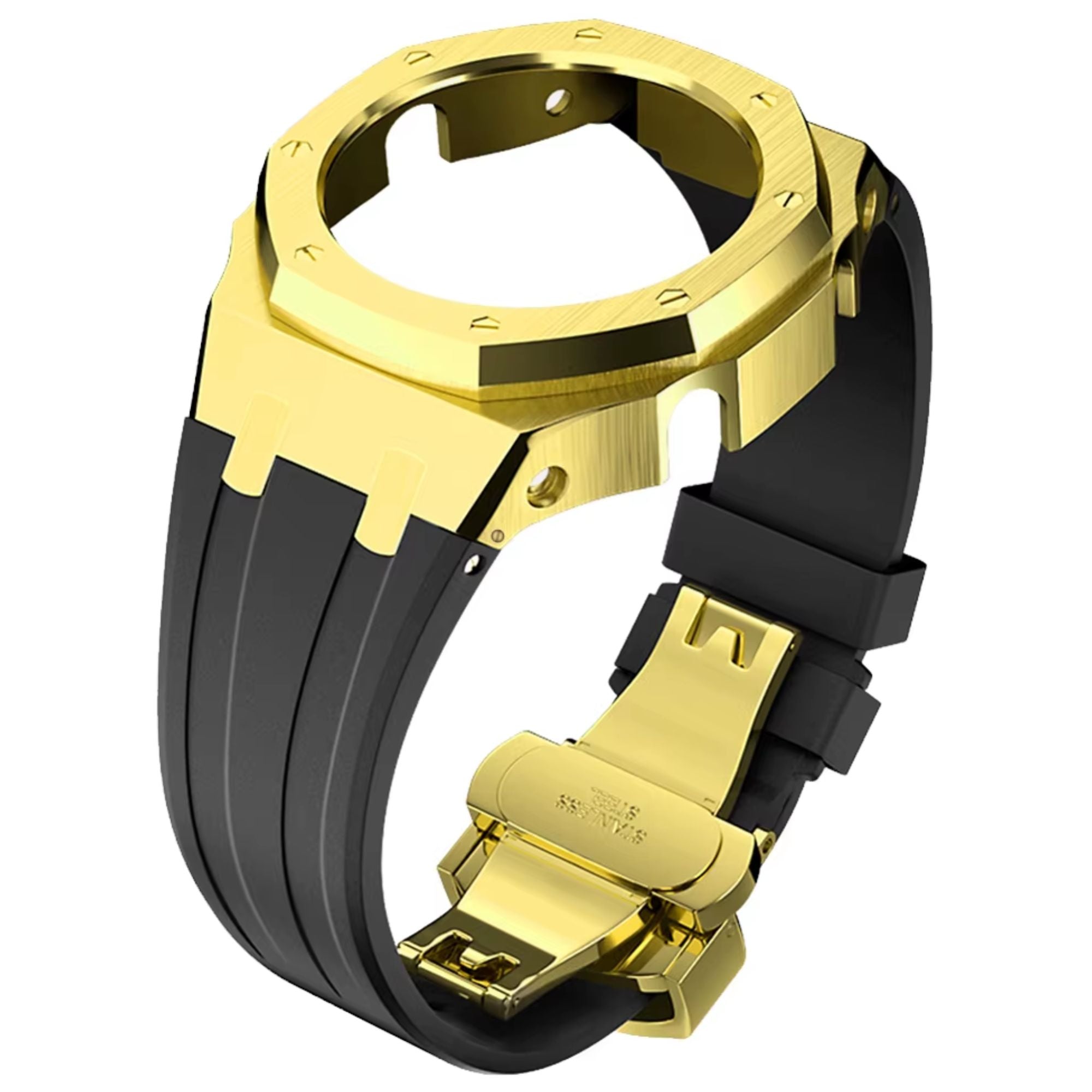 Metal Mod Kit Watchband and Metal Case for G-shock GA-2100 and GA-2110/BA-2100 Casioak (BLACK WITH GOLDEN)