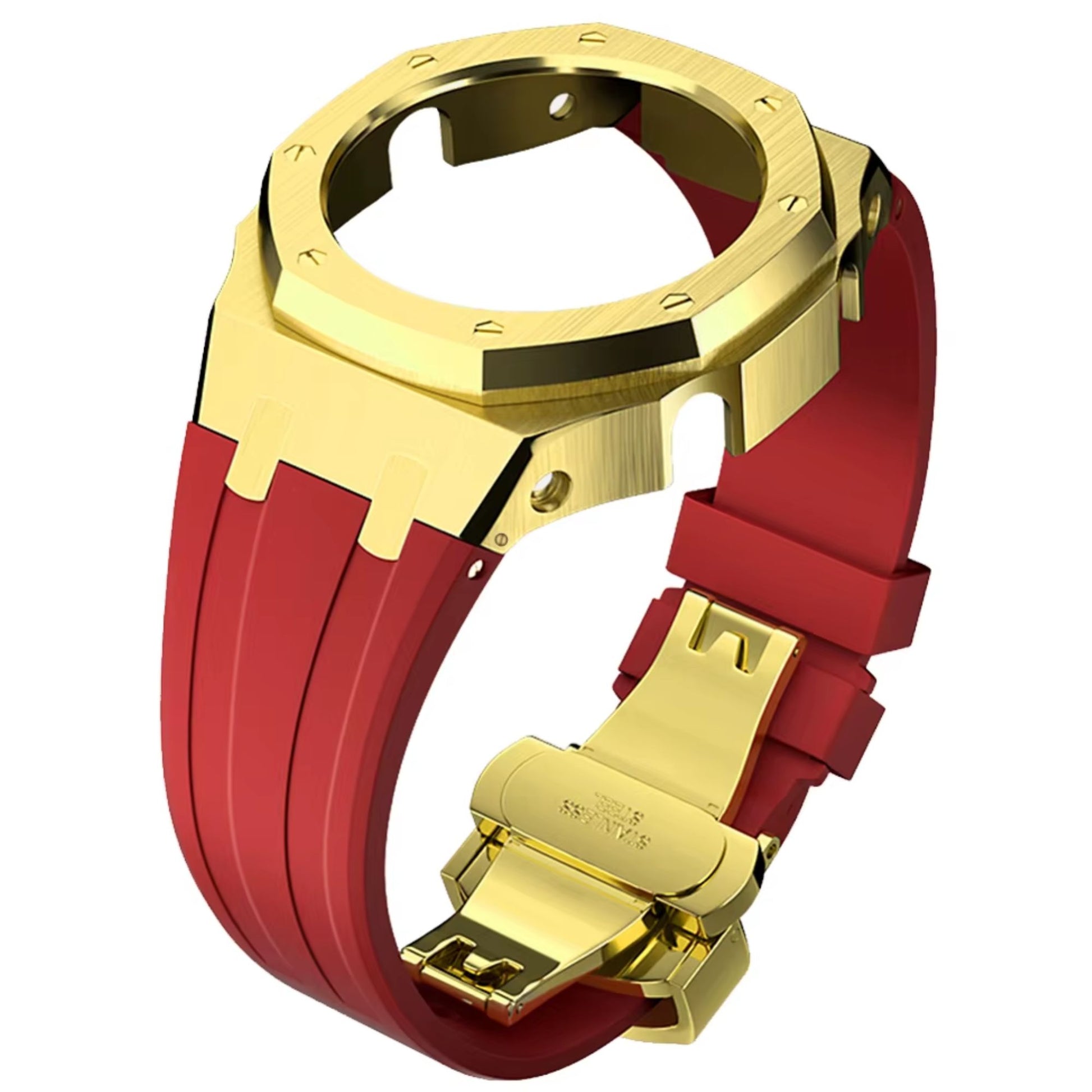 Mod Kit Metal Watchband and Metal Case for G-shock GM-2100 and GM-2110/B-2100 " Casioak (RED WITH GOLDEN)