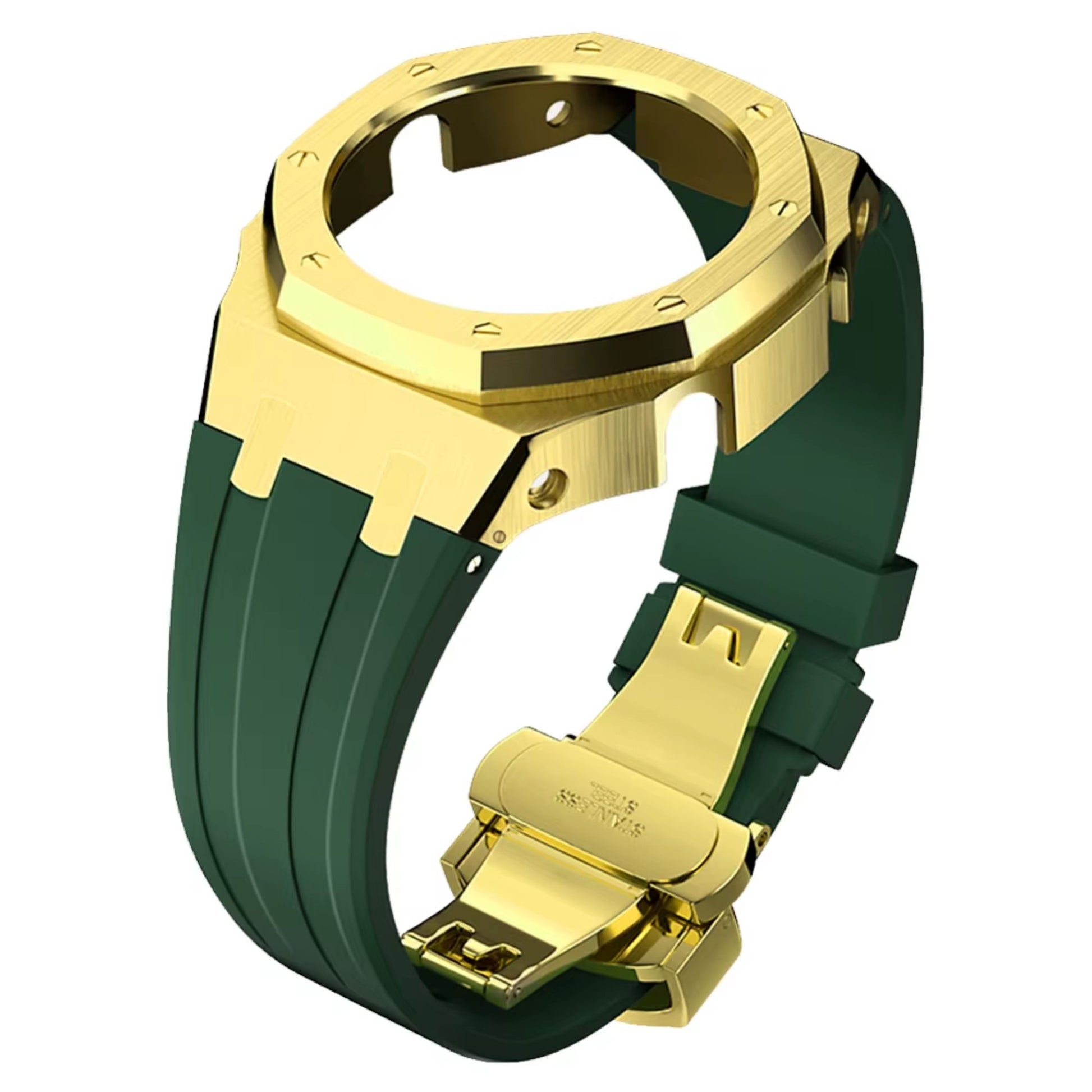 Mod Kit Metal Watchband and Metal Case for G-shock GM-2100 and GM-2110/B-2100 " Casioak"[Green With Golden]