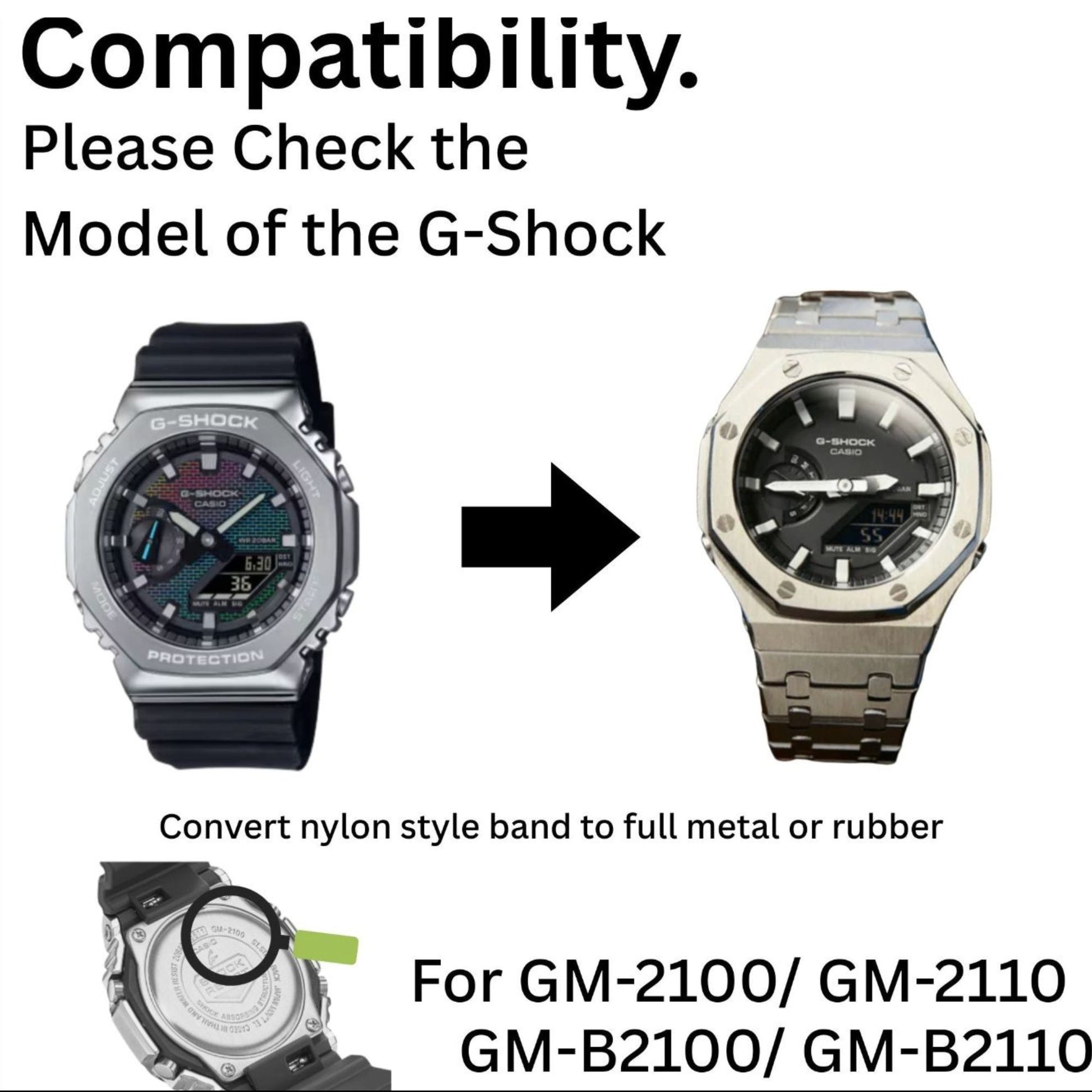 Mod Kit Metal Watchband and Metal Case for G-shock GM-2100 and GM-2110/BA-2100 "Green  Casioak" (Green Bracelet)