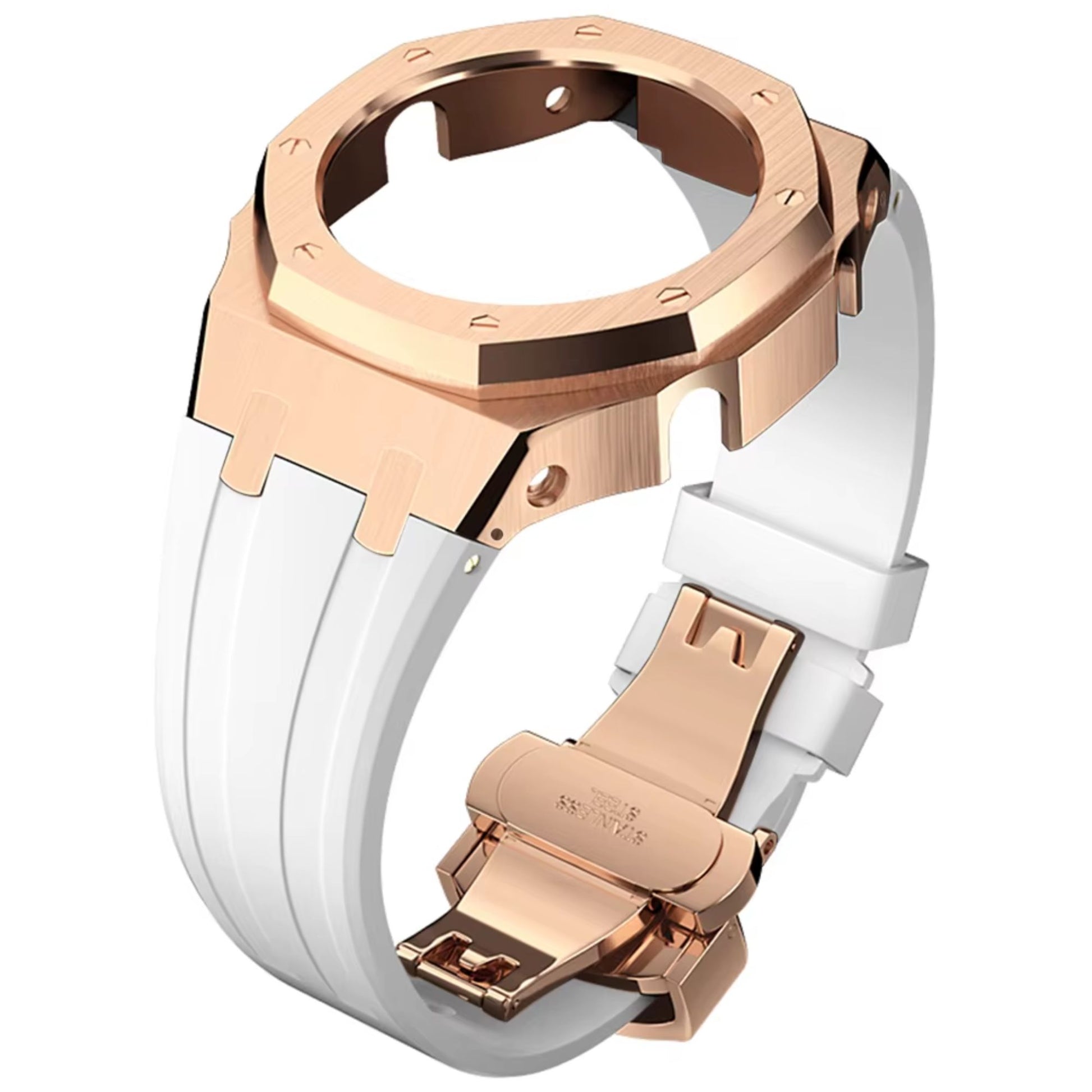 Metal Mod Kit Watchband and Metal Case for G-shock GA-2100 and GA-2110/BA-2100 Casioak[White With RoseGolden]