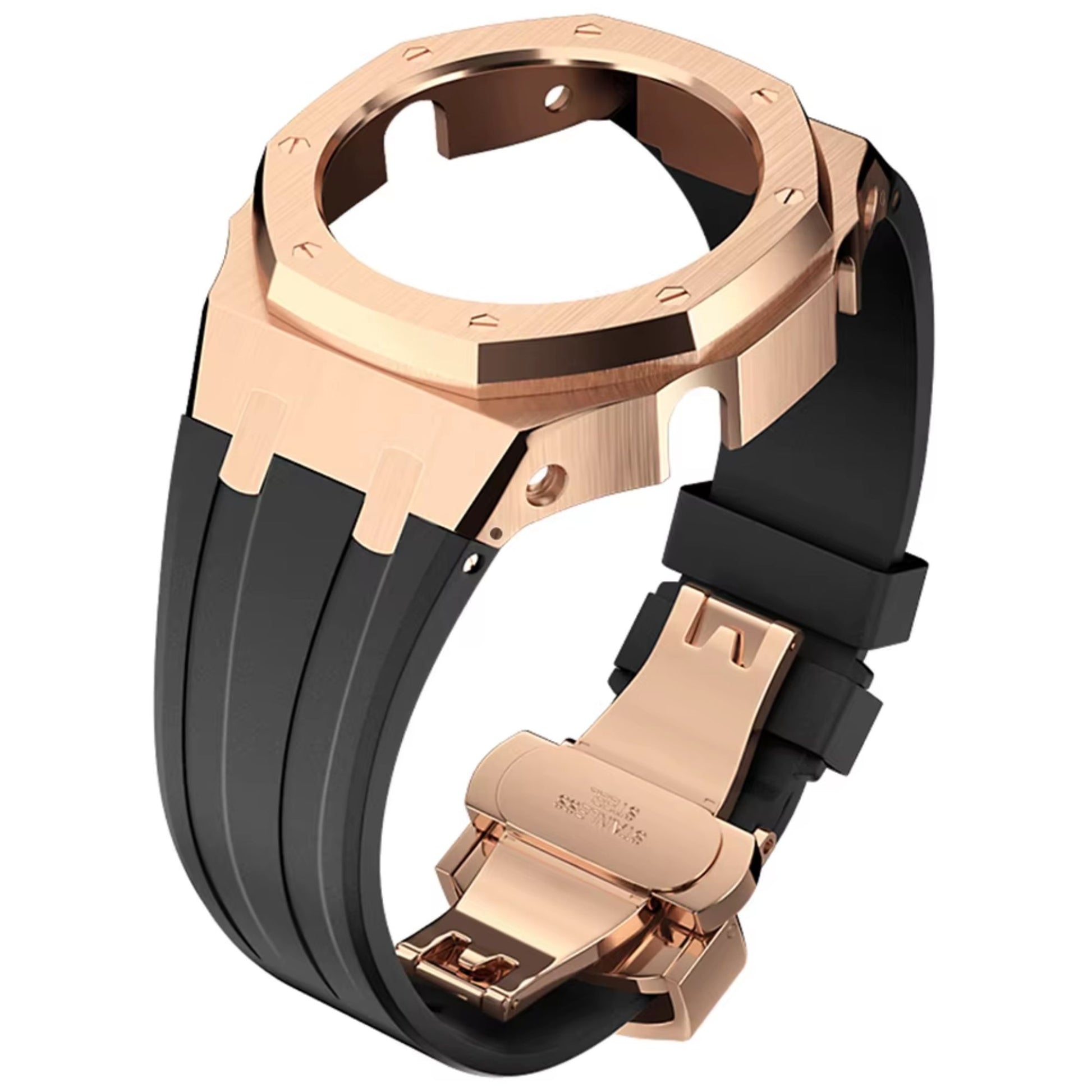 Mod Kit Metal Watchband and Metal Case for G-shock GM-2100 and GM-2110/B-2100 " Casioak"[Black With Rosegold]