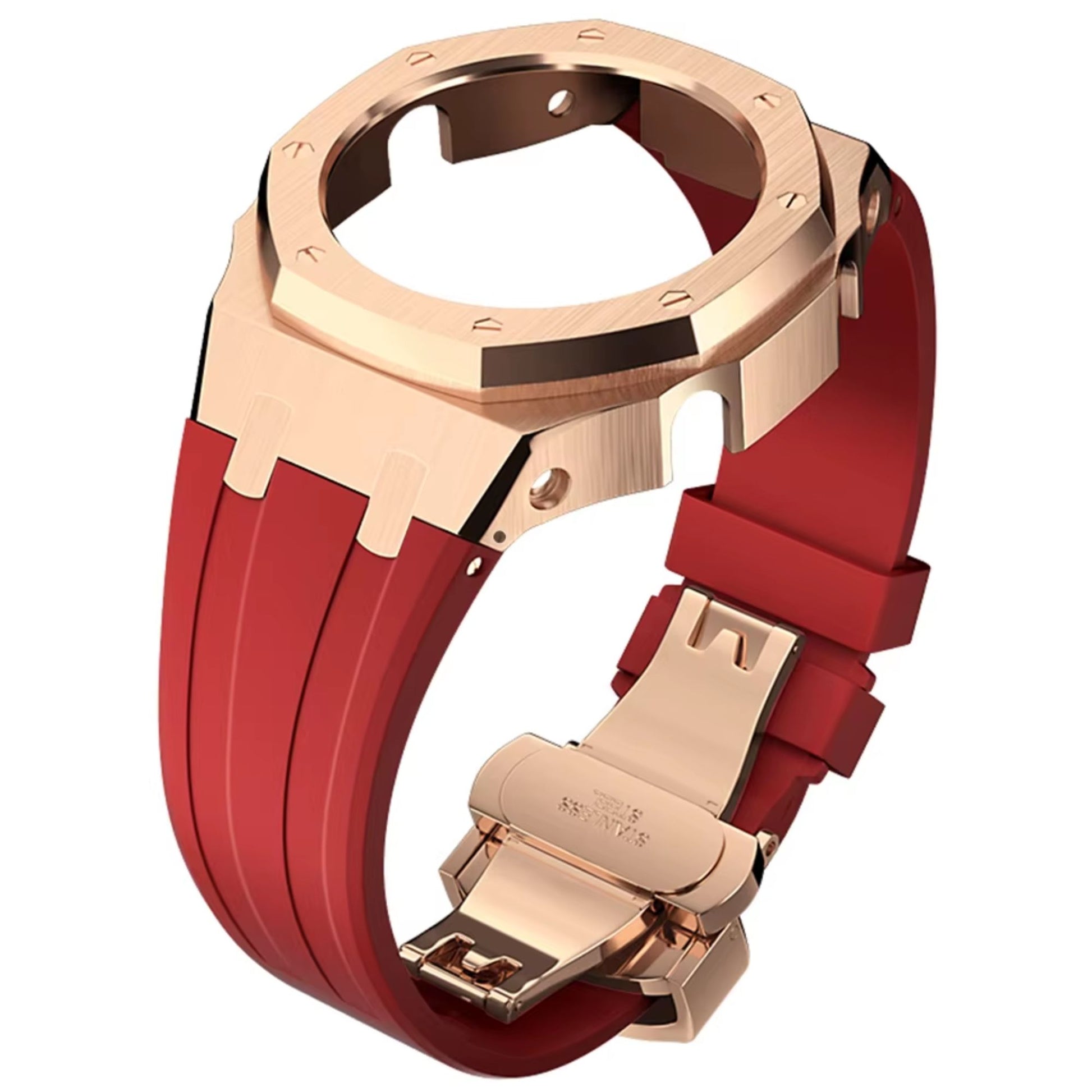 Mod Kit Metal Watchband and Metal Case for G-shock GM-2100 and GM-2110/B-2100 " Casioak"[Red With Rosegold]