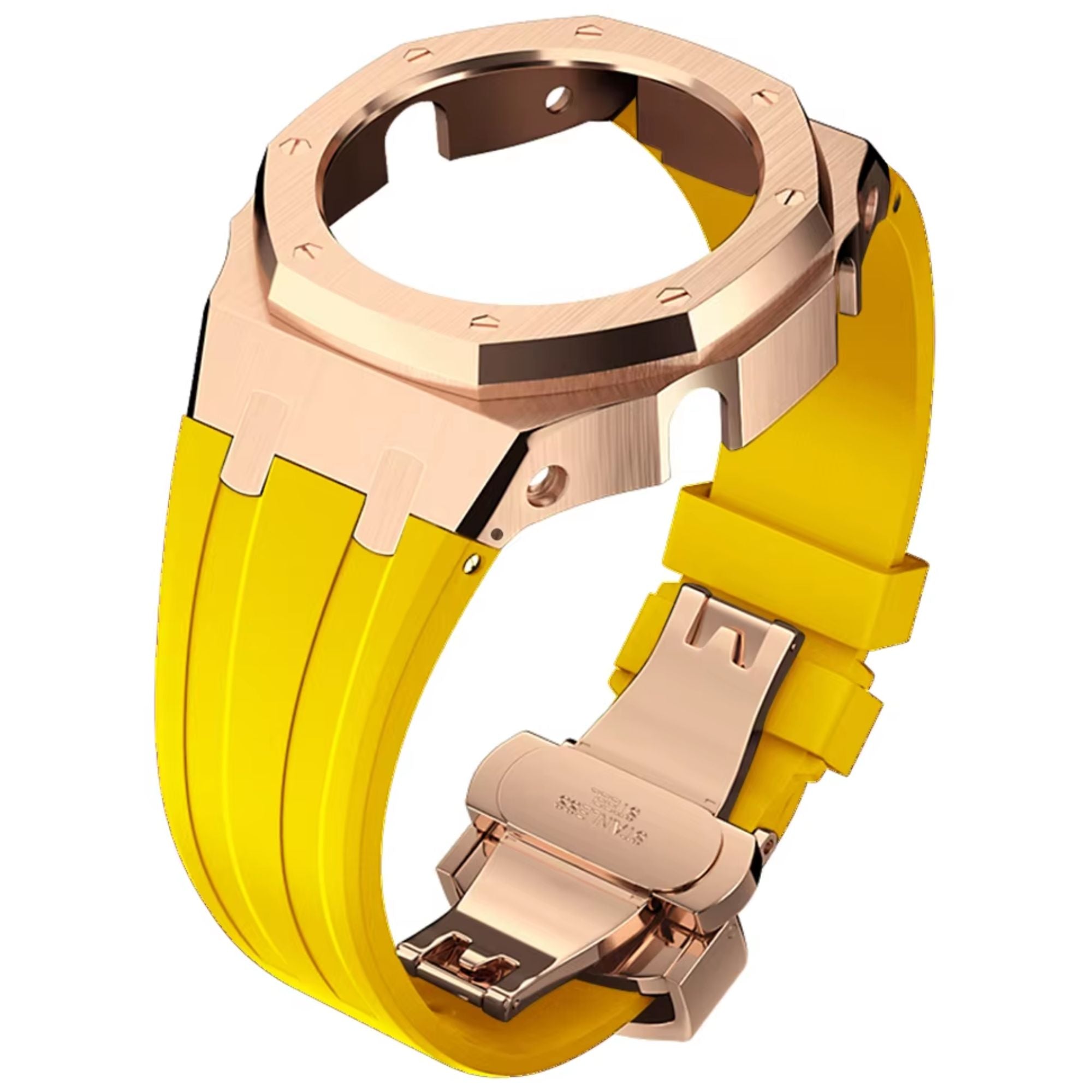 Metal Mod Kit Watchband and Metal Case for G-shock GA-2100 and GA-2110/BA-2100 Casioak[Yellow With Rosegold]