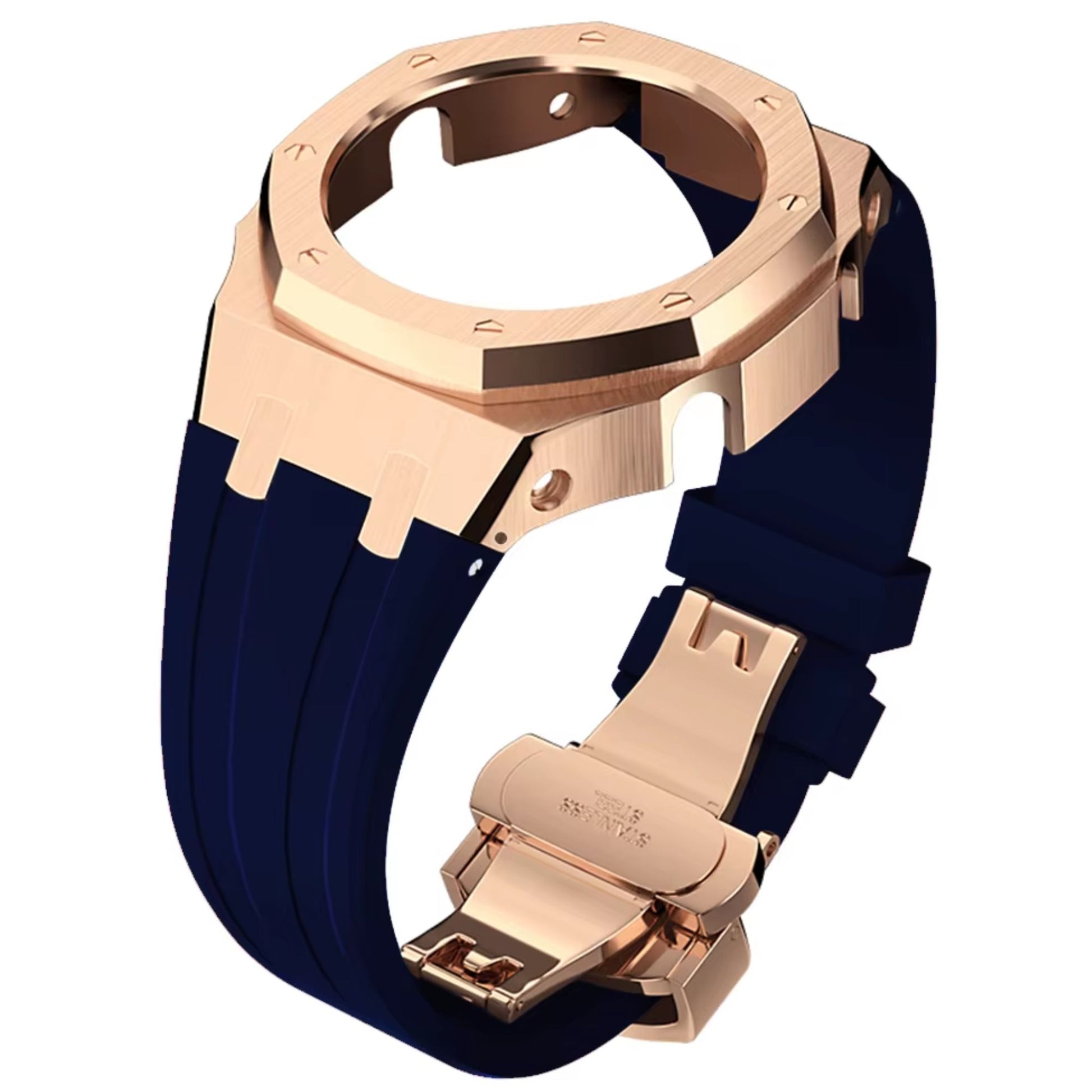 Mod Kit Metal Watchband and Metal Case for G-shock GM-2100 and GM-2110/B-2100 " Casioak[Blue With Rosegold]