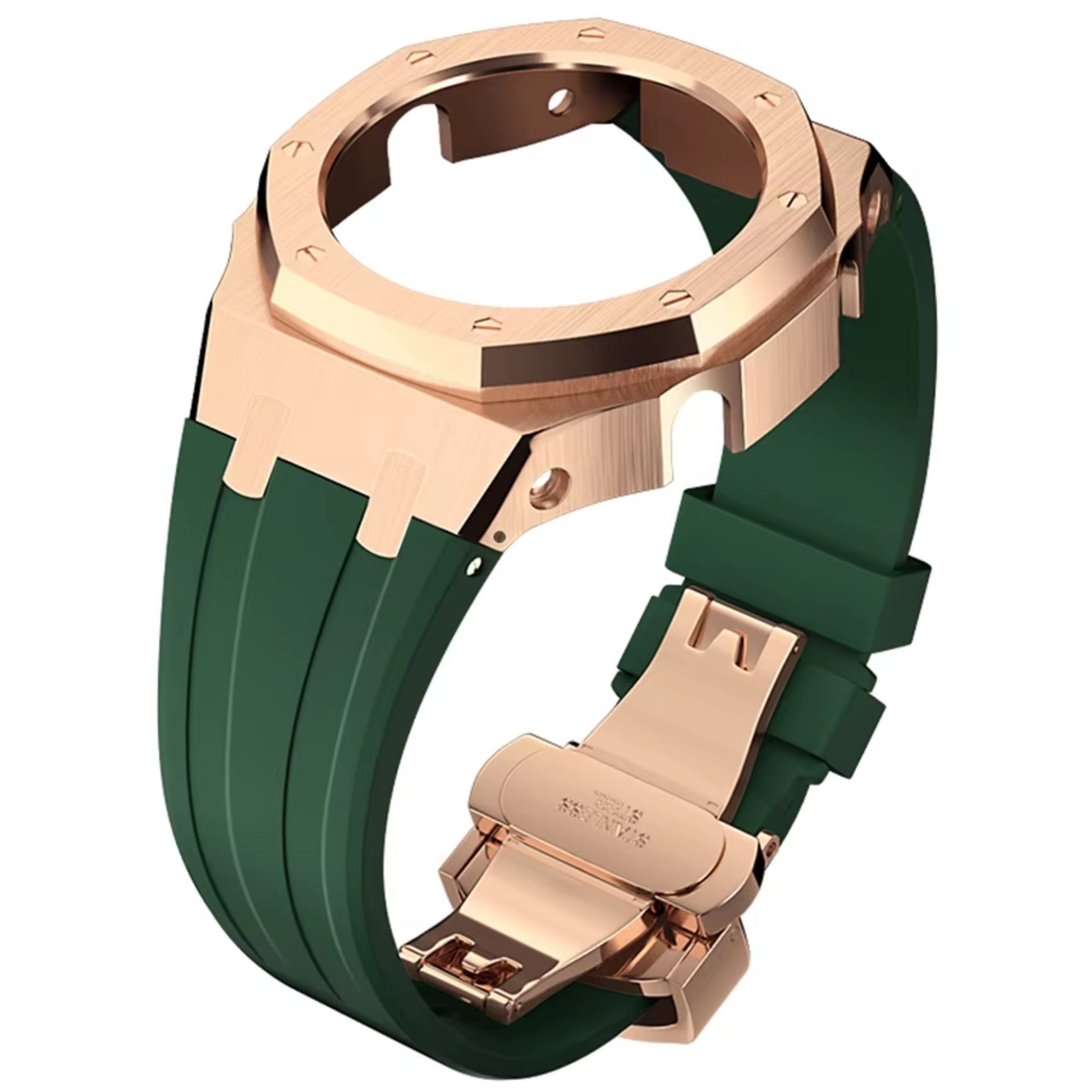 Mod Kit Metal Watchband and Metal Case for G-shock GM-2100 and GM-2110/B-2100 " Casioak"[Green With Rosegold]