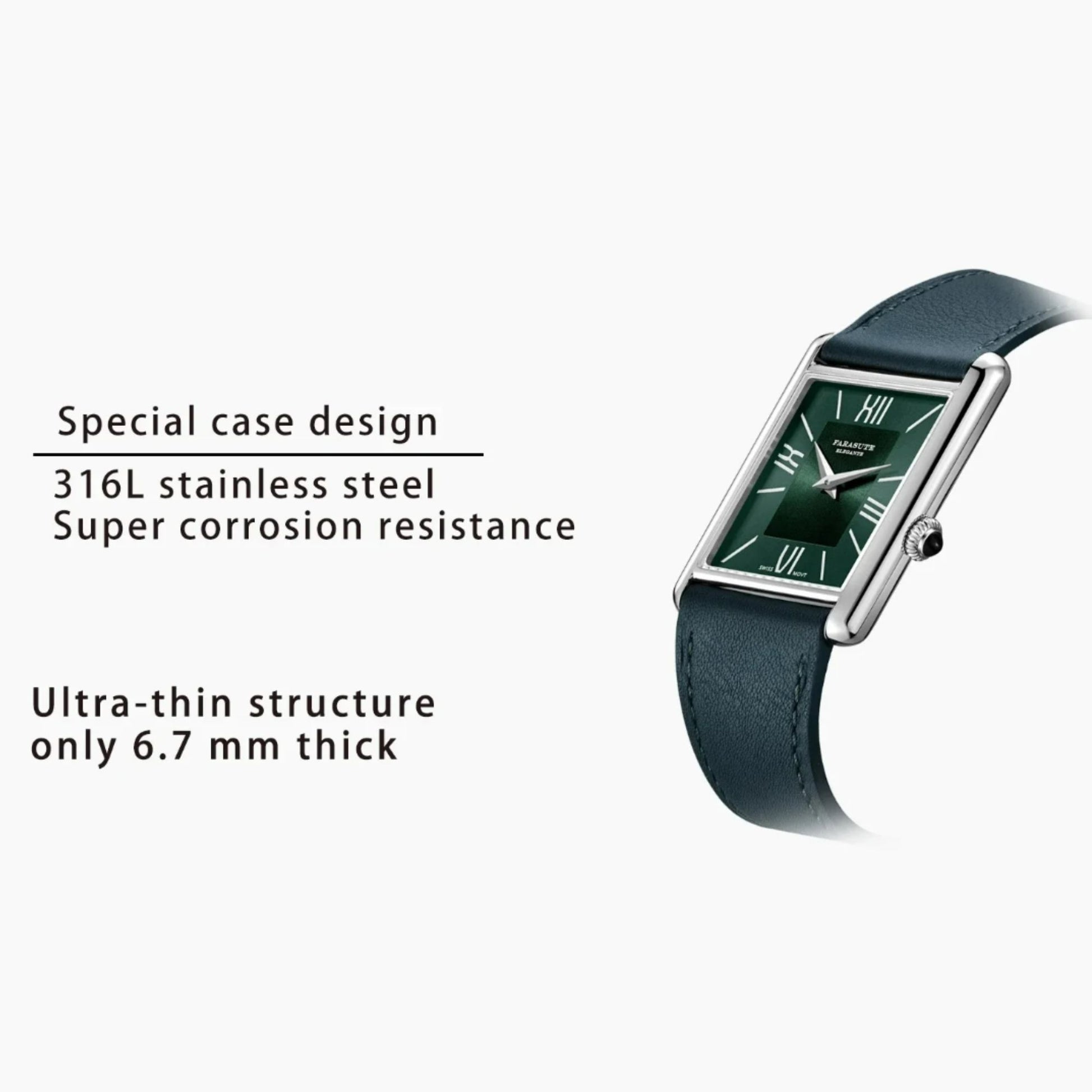 FARASUTE Men's Luxury Wristwatch with Sapphire Parallel Case - Aqua Green