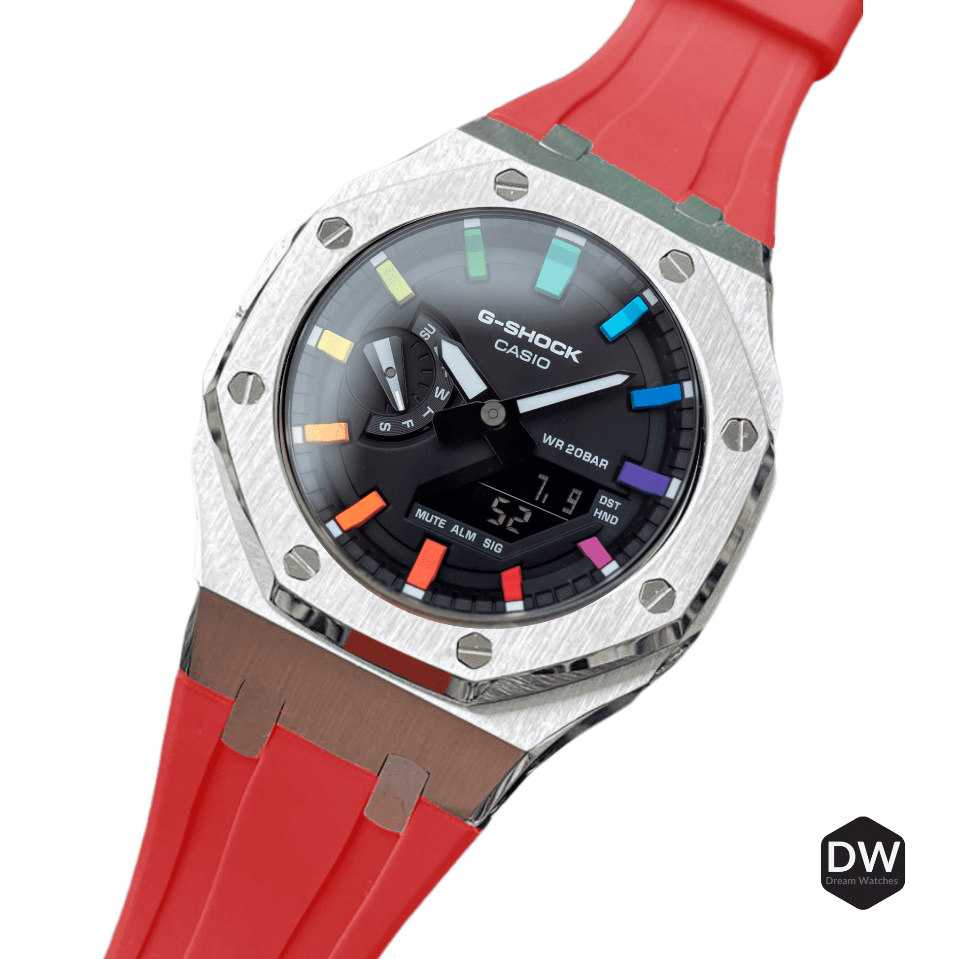 Mod Kit Metal Watchband and Metal Case for G-shock GM-2100 and GM-2110/BA-2100 " Casioak" (Red- Bracelet)