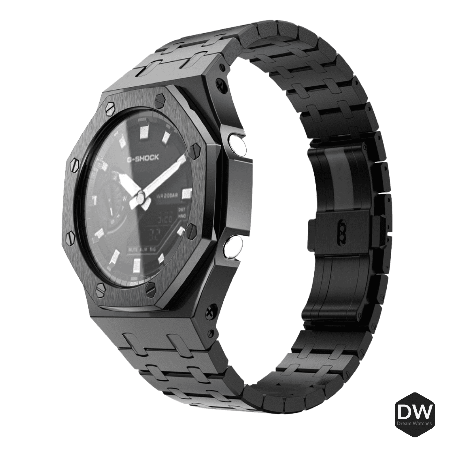 Mod Kit Metal Watchband and Metal Case for G-shock GM-2100 and GM-2110/B-2100 " Casioak" (Black Silver Bracelet)