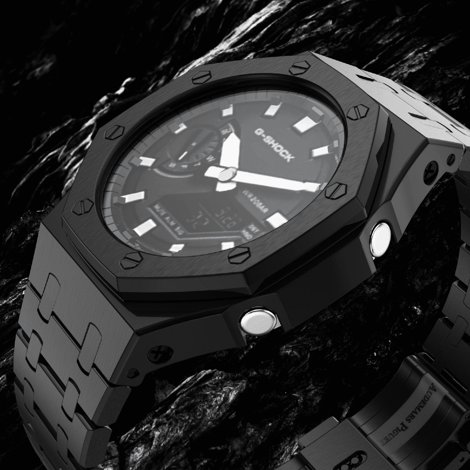 Mod Kit Metal Watchband and Metal Case for G-shock GM-2100 and GM-2110/B-2100 " Casioak" (Black Silver Bracelet)