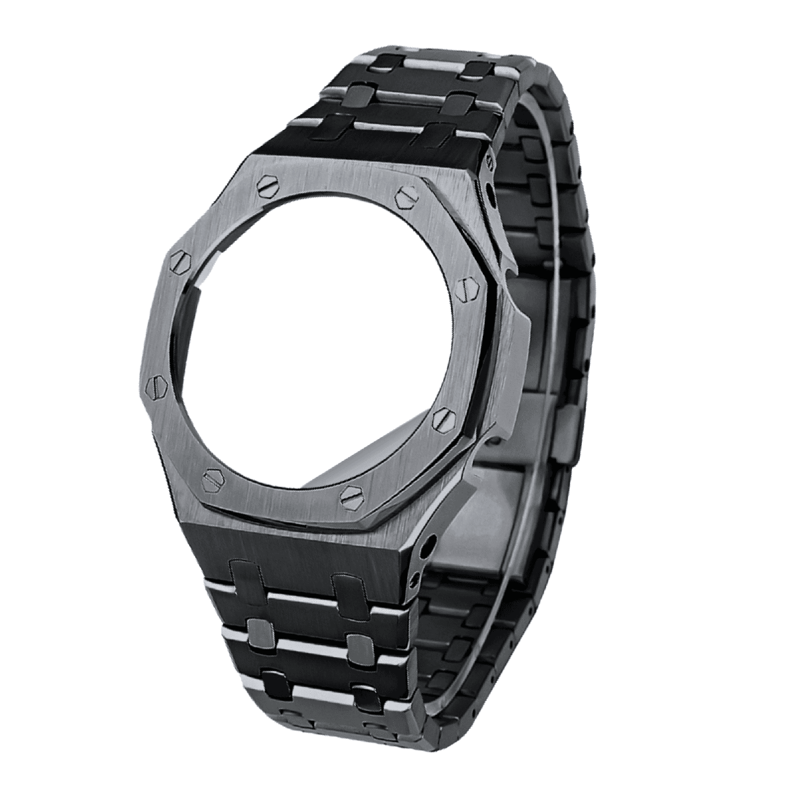 Mod Kit Metal Watchband and Metal Case for G-shock GM-2100 and GM-2110/B-2100 " Casioak" (Black Silver Bracelet)