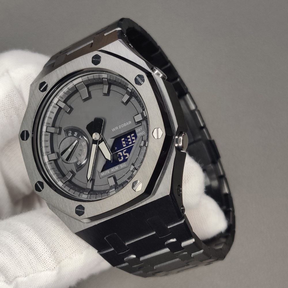 Mod Kit Metal Watchband and Metal Case for G-shock GM-2100 and GM-2110/B-2100 " Casioak" (Black Silver Bracelet)
