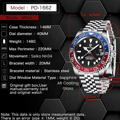 Pagani Design PD-1662 Seiko NH34 Movement equipped with AR AF Anti-Radiation Coating Automatic Watch Stainless Steel Men's (Pepsi - Jubilee Bracelet)