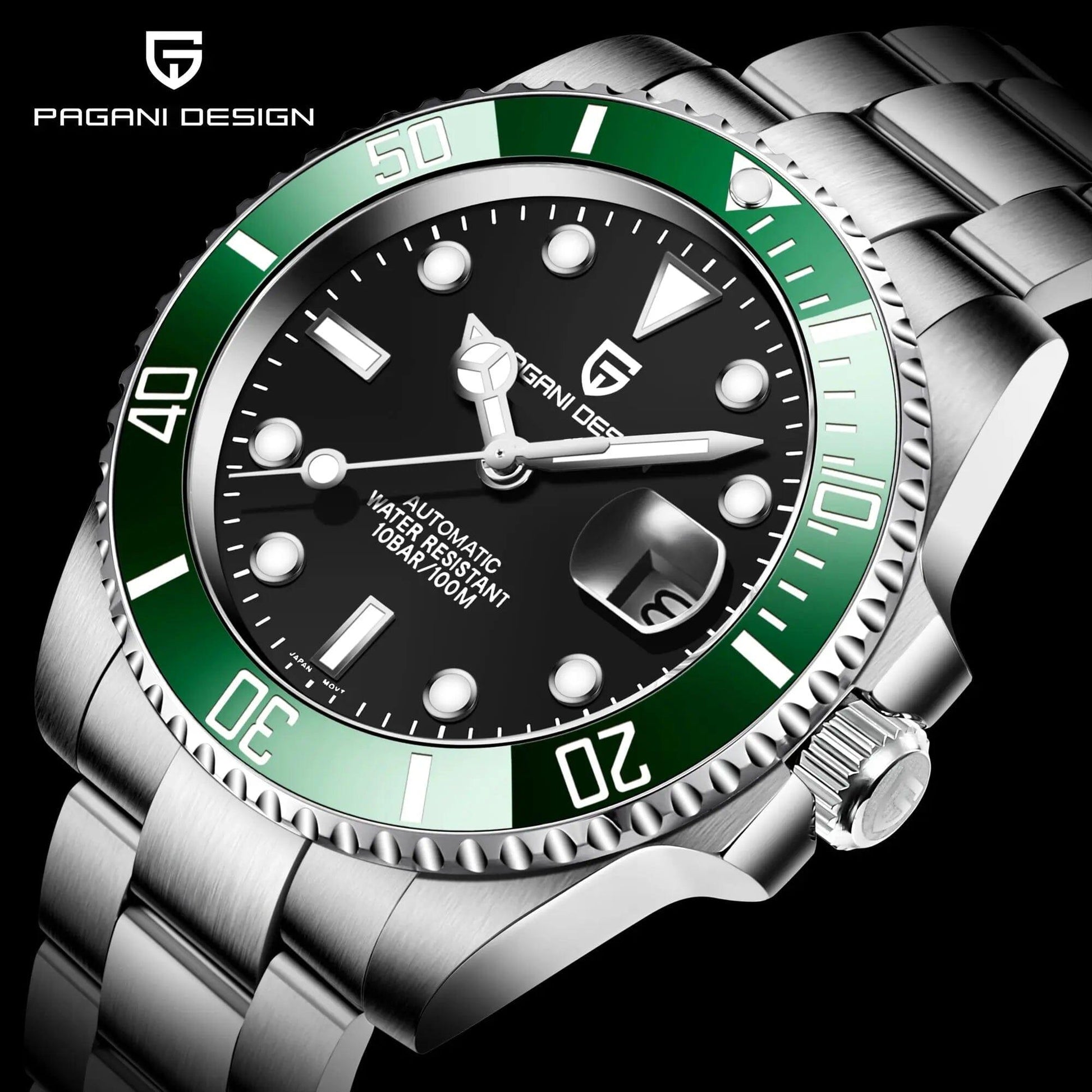 Pagani Design Waterproof Mechanical Automatic Watch Stainless Steel Men's 40MM Watch Submariner (Kermit) with Jubilee Bracelet