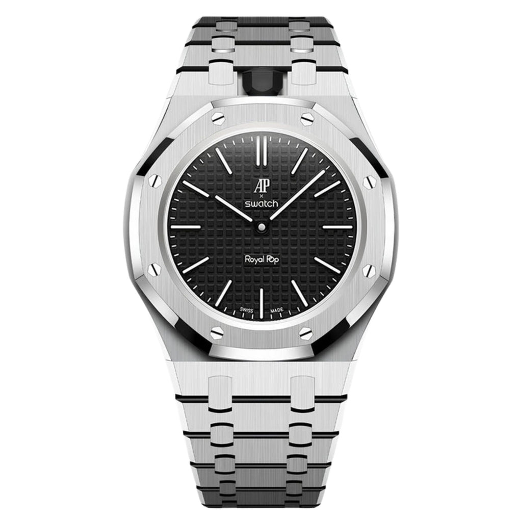 AP Swatch Watch Strap Stainless Steel Case | Stainless Steel Bracelet  | Butterfly Clasp (Silver) Crown At 12 Postion