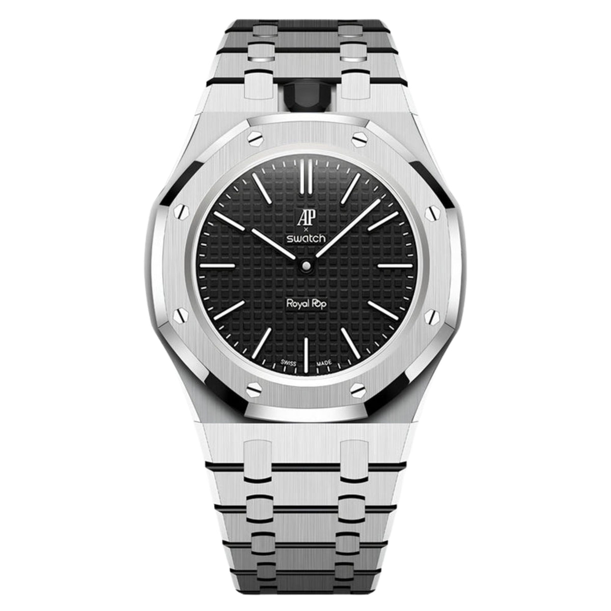 AP Swatch Watch Strap Stainless Steel Case | Stainless Steel Bracelet  | Butterfly Clasp (Silver) Crown At 12 Postion