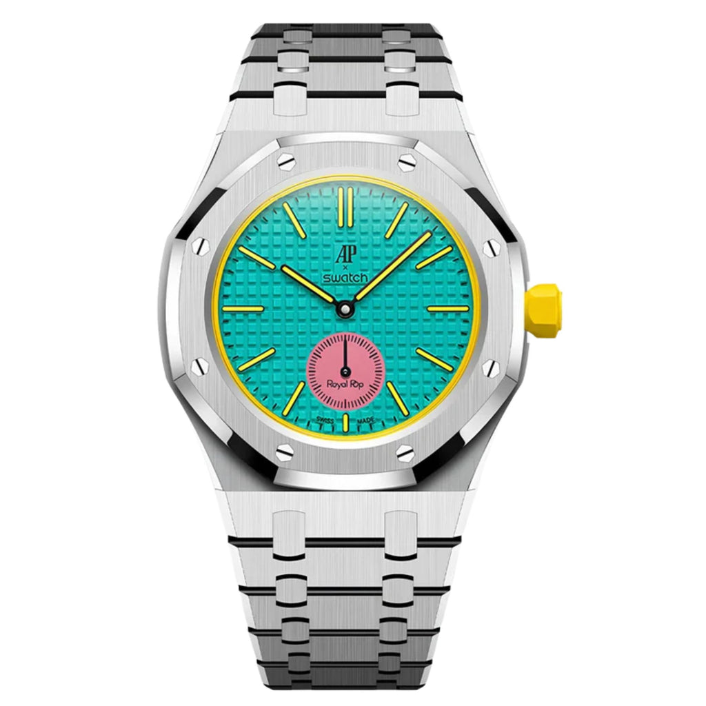 AP Swatch Watch Strap | Stainless Steel Case Stainless Steel Bracelet | Butterfly clasp (Silver) Crown At 3 Postion