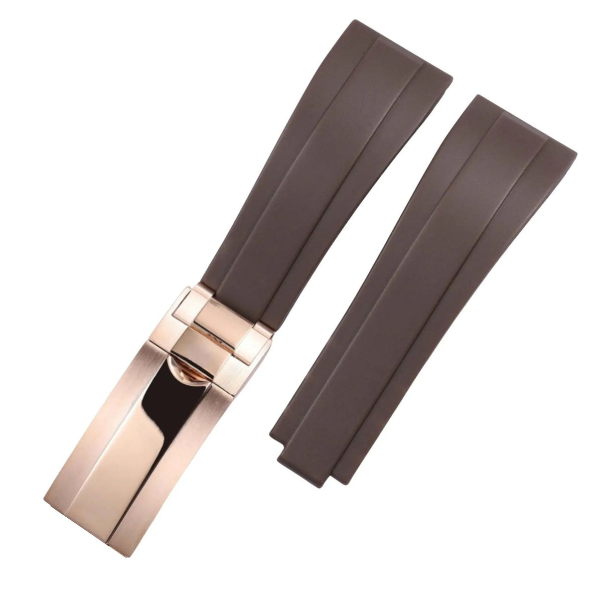 High End Curved FKM Rubber Watch Strap - Oyster Style Deployment Clasp 20mm - Brown with Rosegold Clasp