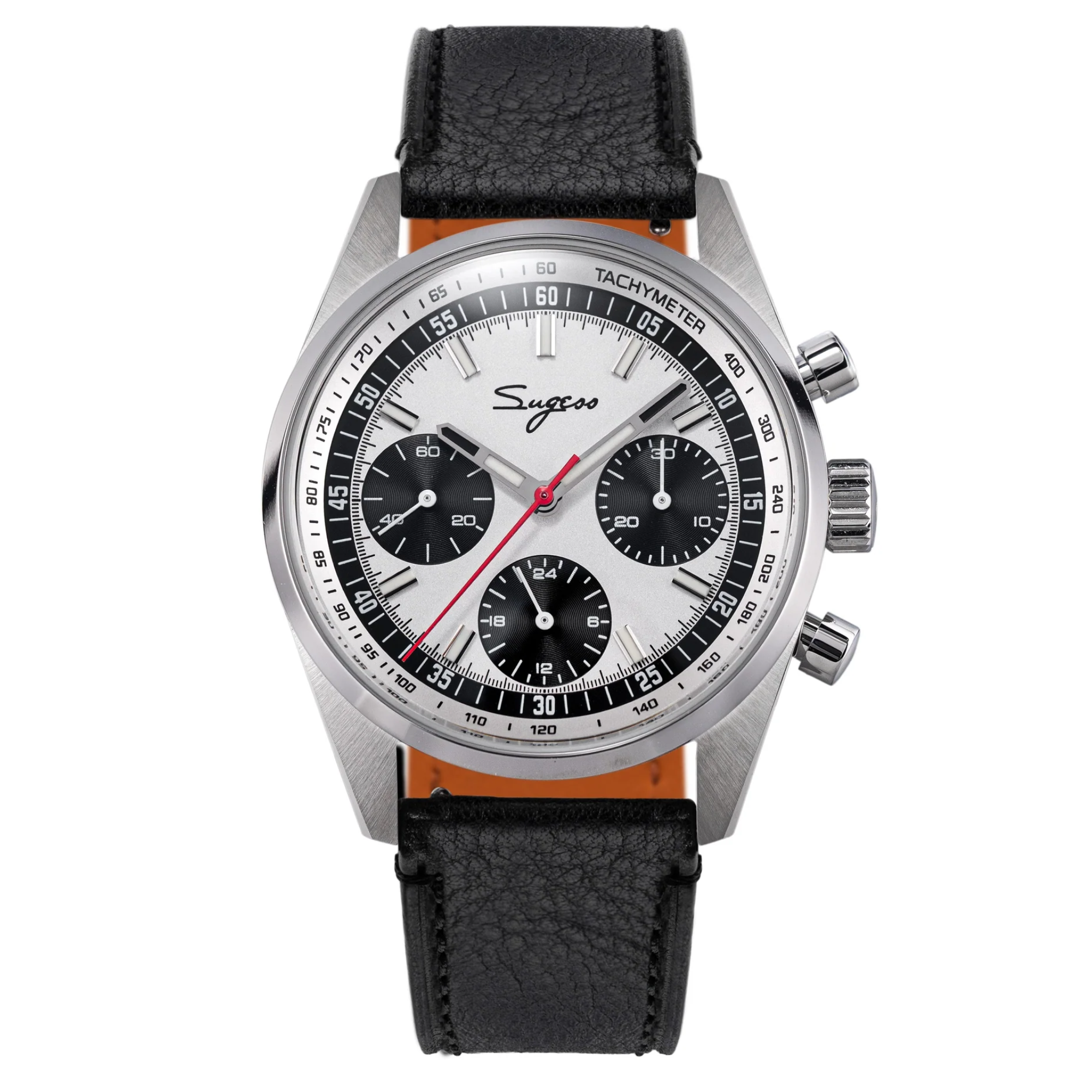 Sugess S465 Chronograph Stainless Steel Panda Dial Silver Hand Black Leather