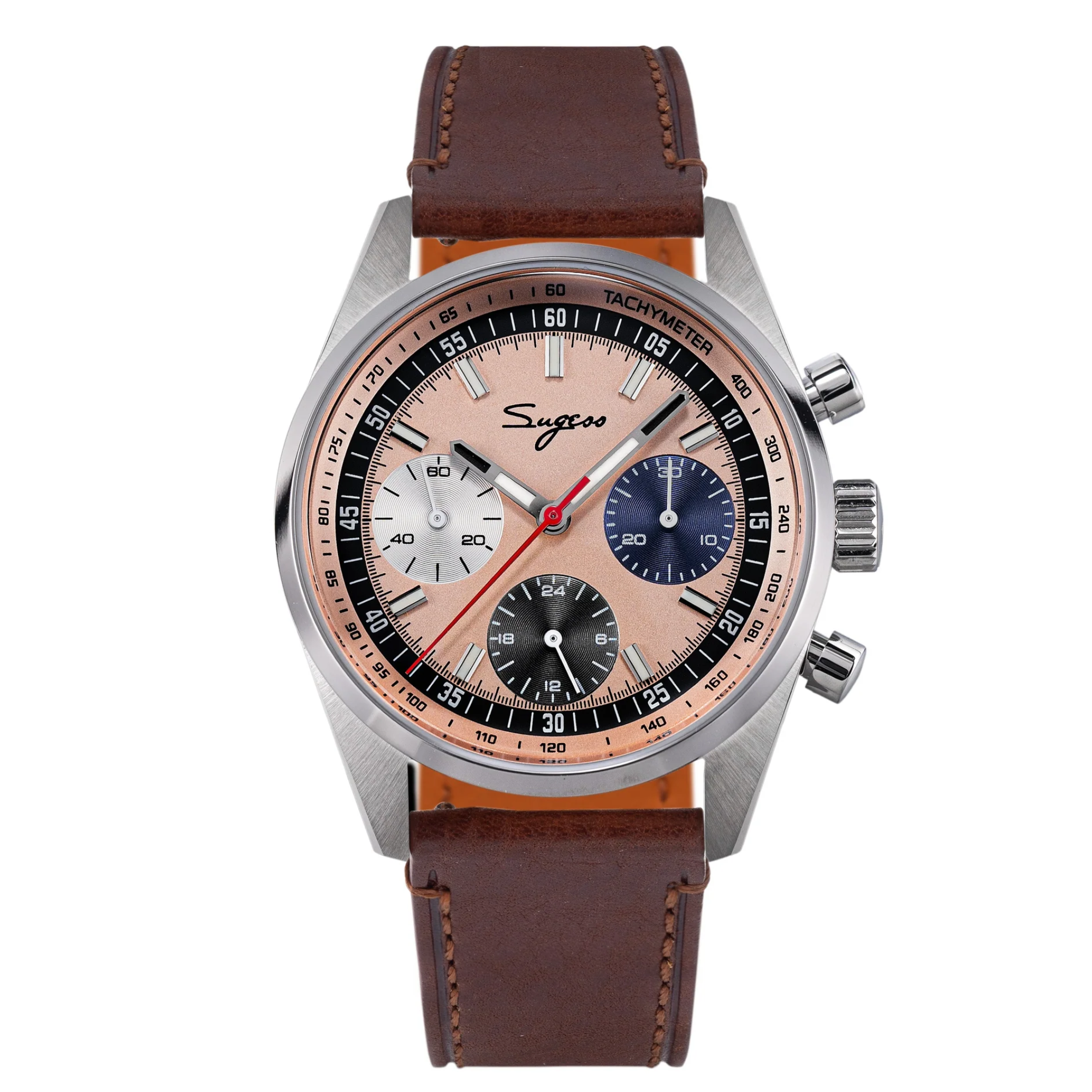 Sugess S465 Chronograph Stainless Steel Special Champagne Dial Silver Hand Brown Strap