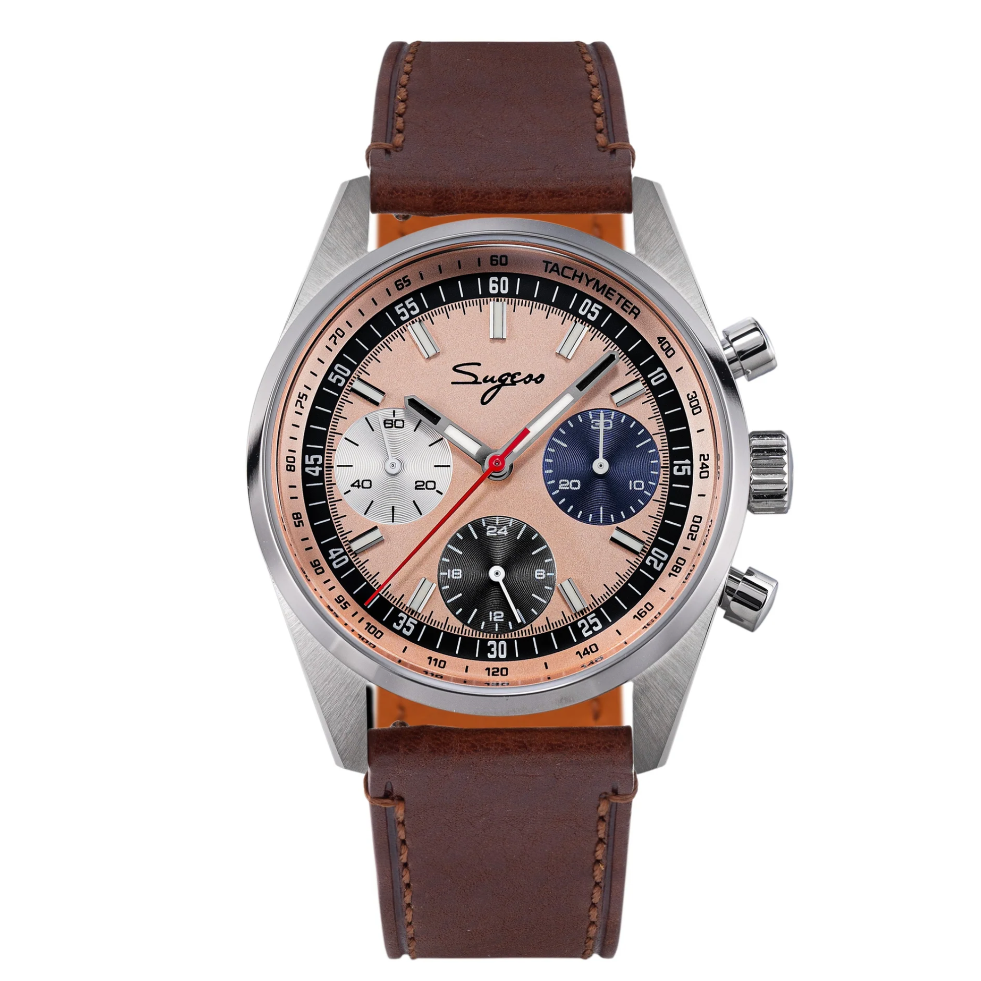 Sugess S465 Chronograph Stainless Steel Special Champagne Dial Silver Hand Brown Strap