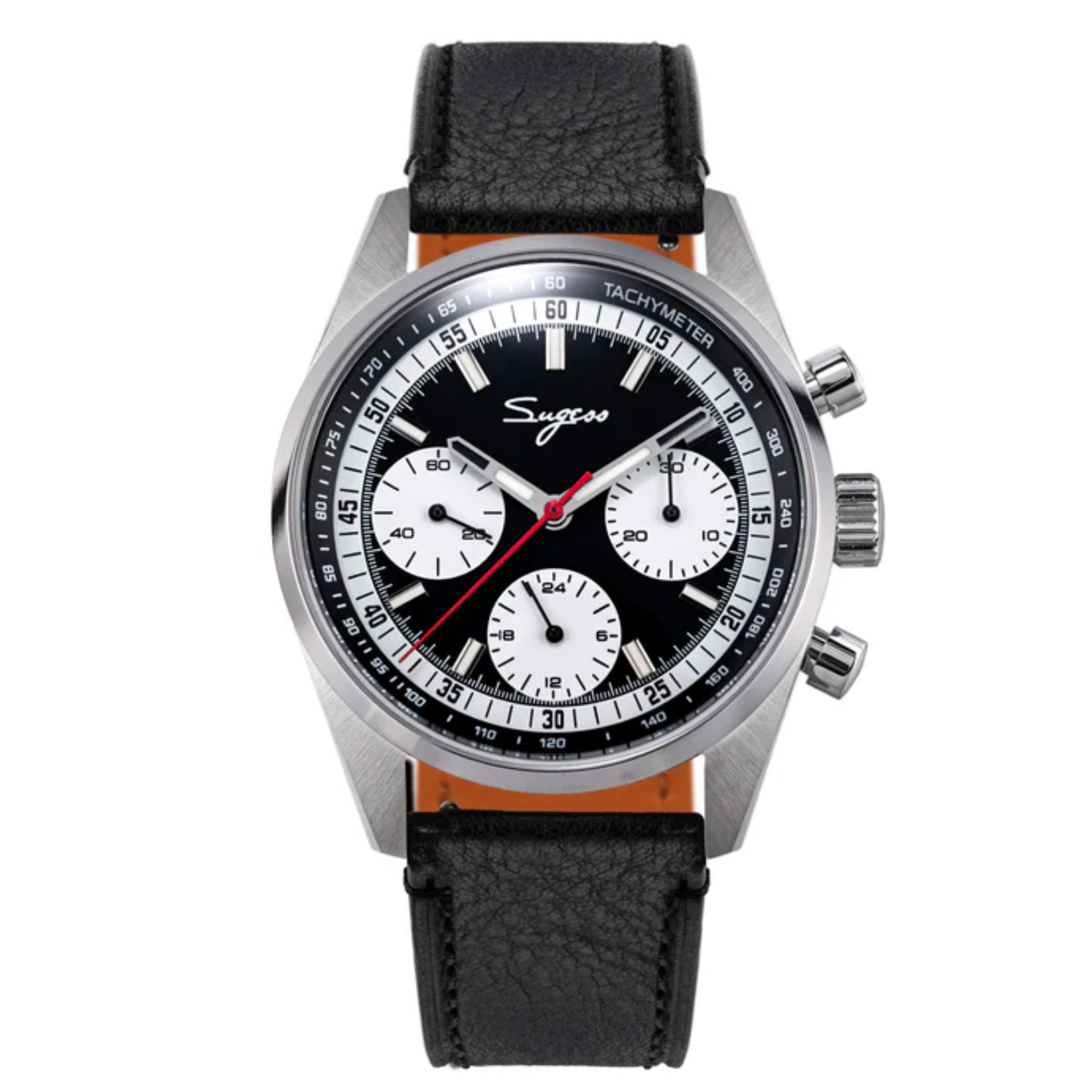 Sugess S465 Chronograph Stainless Steel Black Dial Silver Hand Black Leather