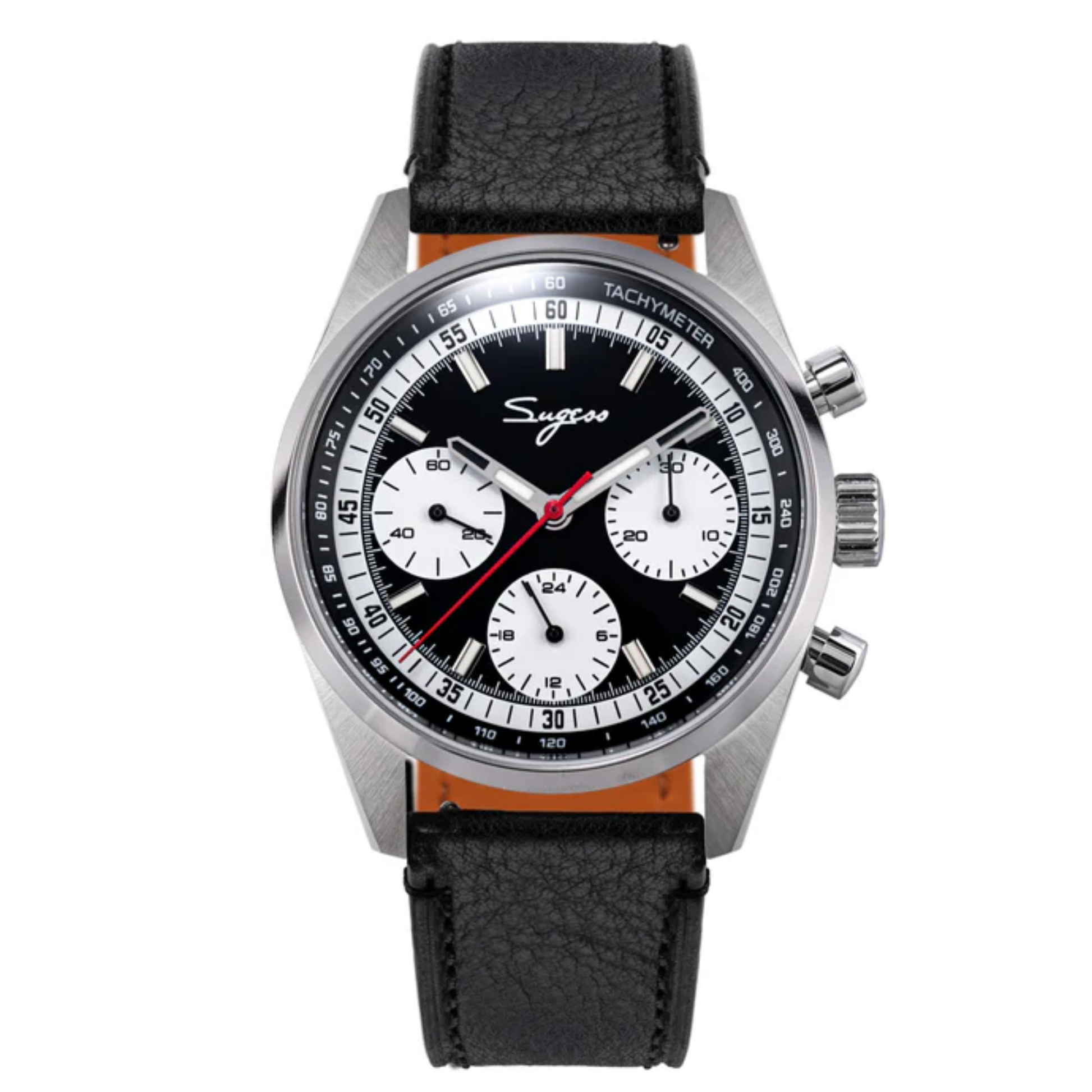 Sugess S465 Chronograph Stainless Steel Black Dial Silver Hand Black Leather
