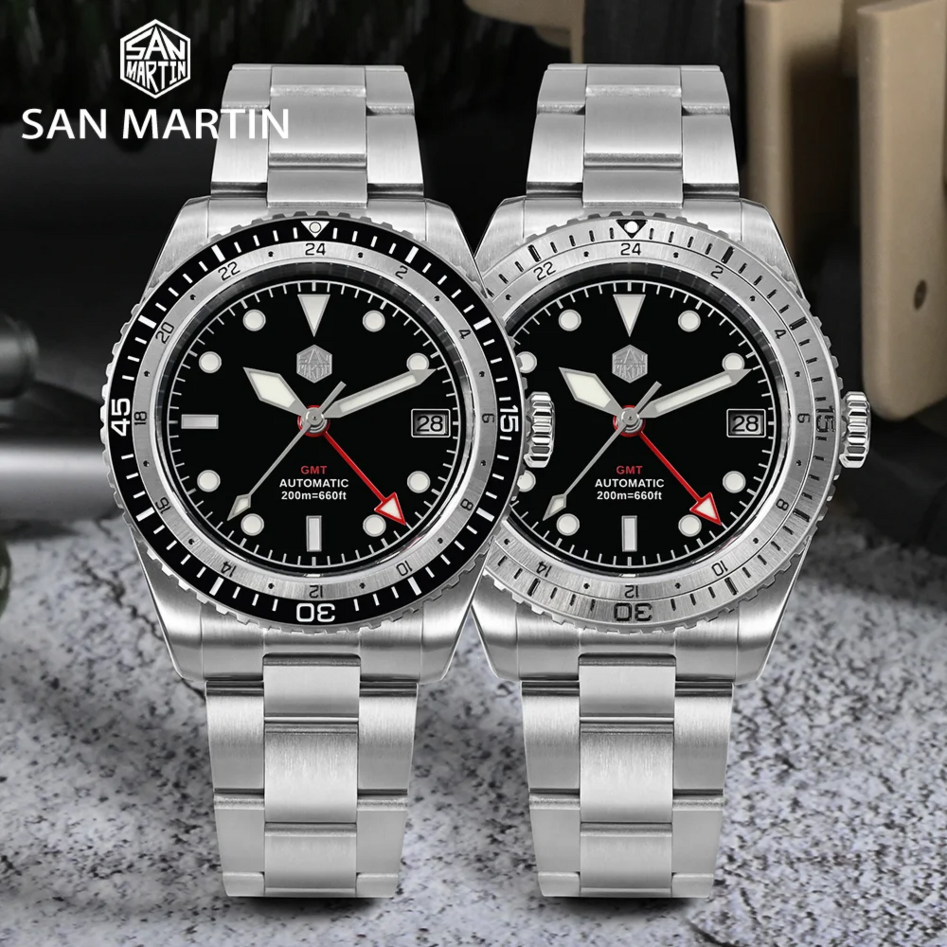 San Martin NH34 GMT Bidirectional Bezel Light Date SN0112G - Black Bezel san martin watches india online