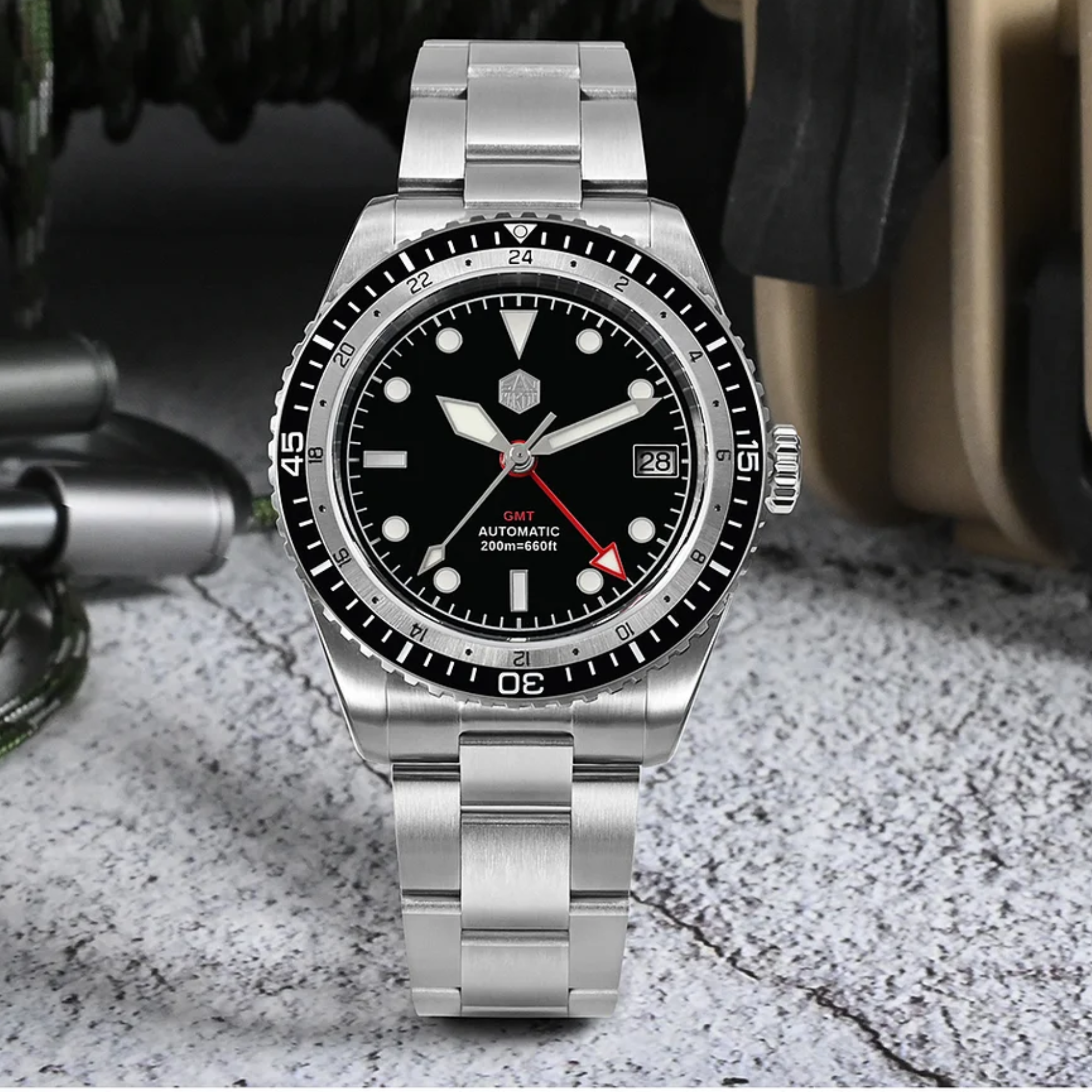 San Martin NH34 GMT Bidirectional Bezel Light Date SN0112G - Black Bezel san martin watches india online