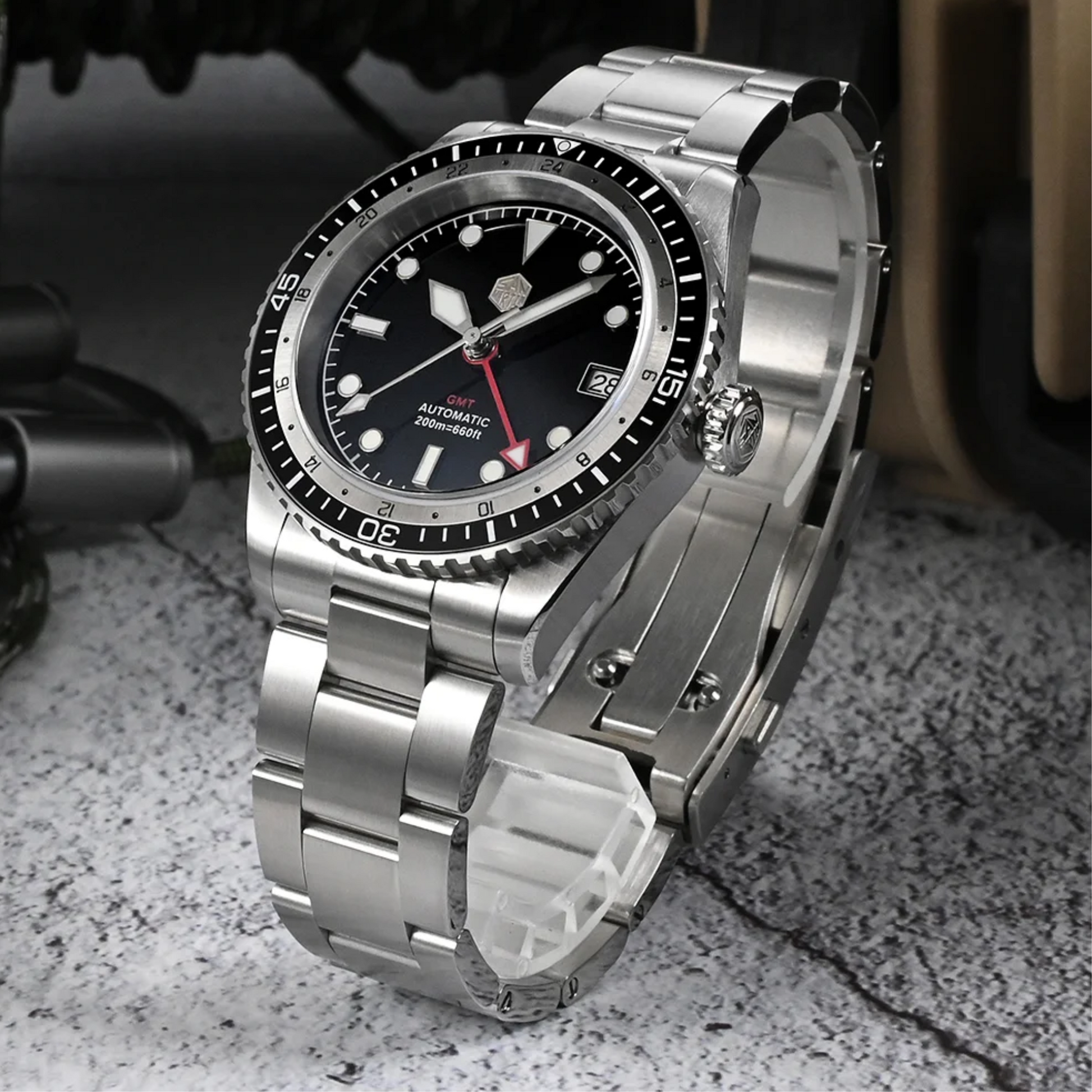 San Martin NH34 GMT Bidirectional Bezel Light Date SN0112G - Black Bezel san martin watches india online