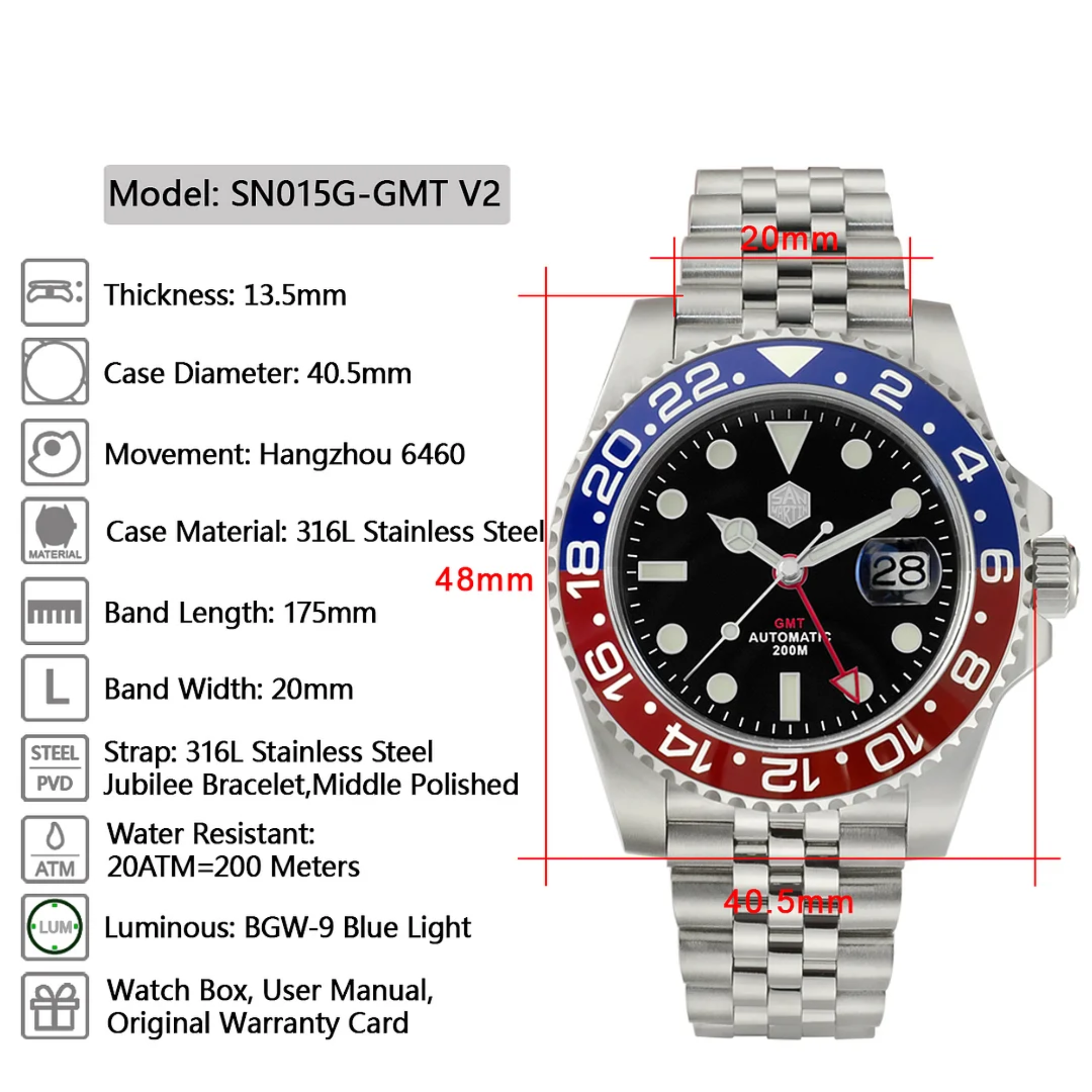 San Martin GMT Luxury Men Watch SN015 - Red Blue 