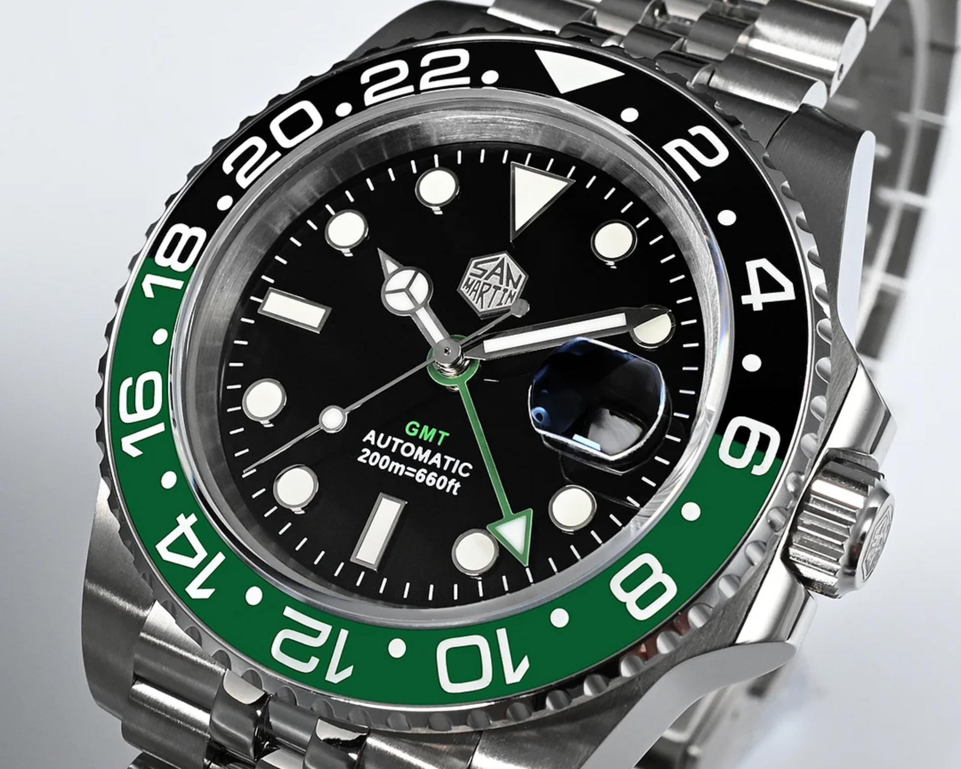 San Martin GMT Luxury Men Watch SN015 - Green Black "Sprite" san martin watches india online