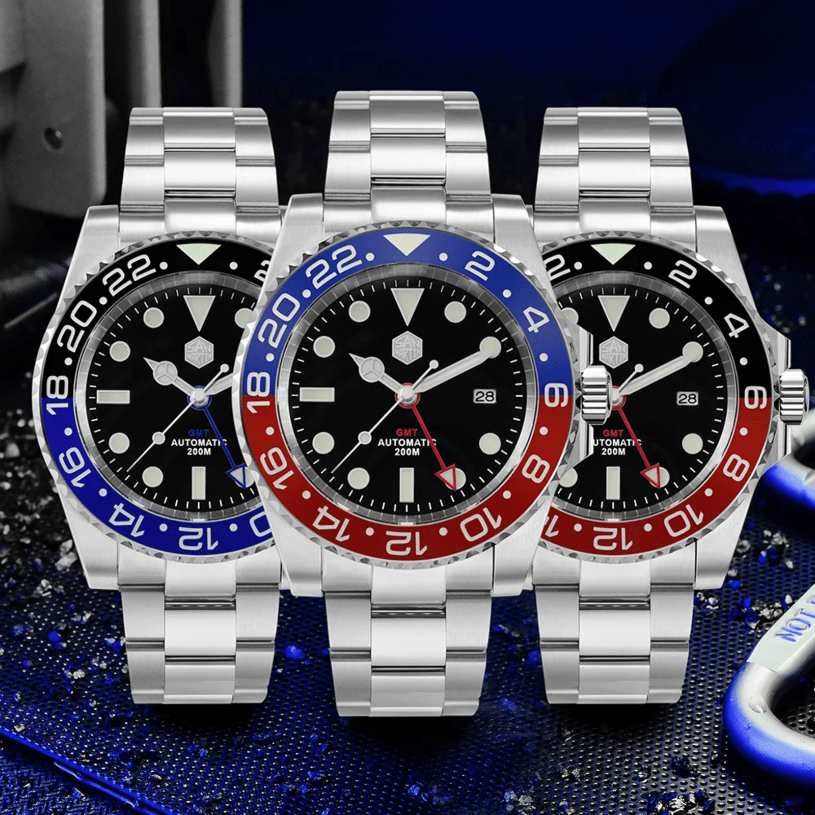 San Martin GMT Diver Luxury Mechanical Watch SN016 - Black Blue "Batman" san martin watches india online