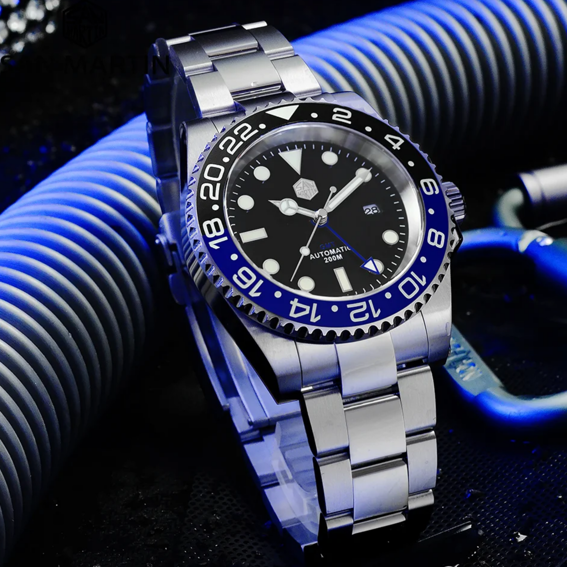 San Martin GMT Diver Luxury Mechanical Watch SN016 - Black Blue "Batman" san martin watches india online