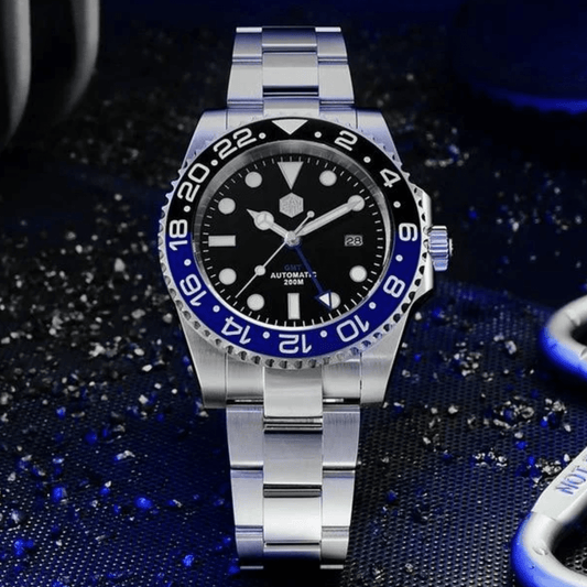 San Martin GMT Diver Luxury Mechanical Watch SN016 - Black Blue "Batman" san martin watches india online