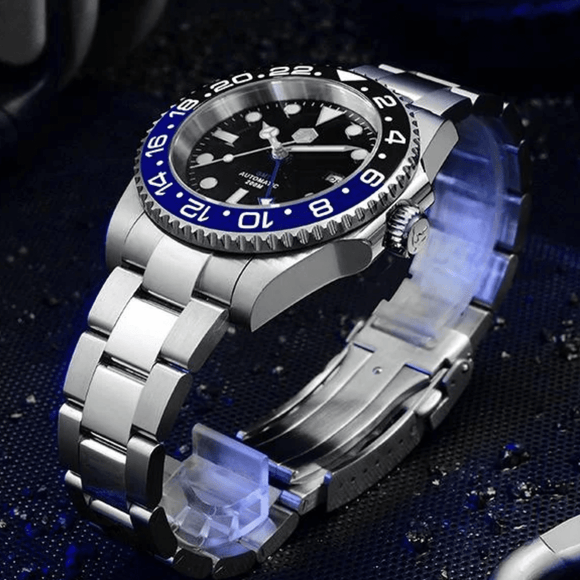 Stainless Steel Gmt Batman Homage San Martin GMT Diver Luxury