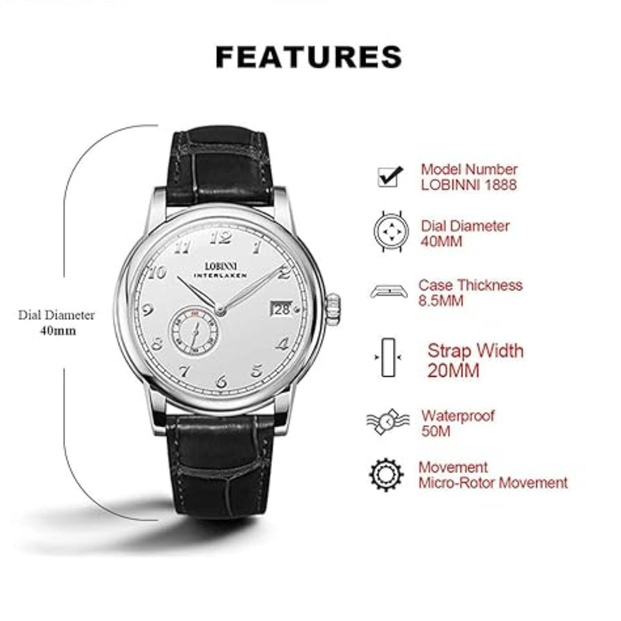 Lobinni Men Luxury Watch Automatic Ulththin Mechanical Wristwatch with Micro Rotor Movement - 1888