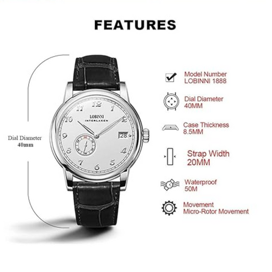 Lobinni men's luxury watch automatic Ultrathinmechanical watch with Micro Rotor Movement - 1888