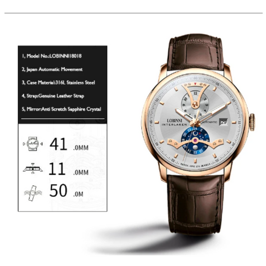 LOBINNI Men Automatic Watch Luxury Male Dress Mechanical Wristwatch Dress Sapphire Crystal Leather Strap Month Date 24 Hours - 18018