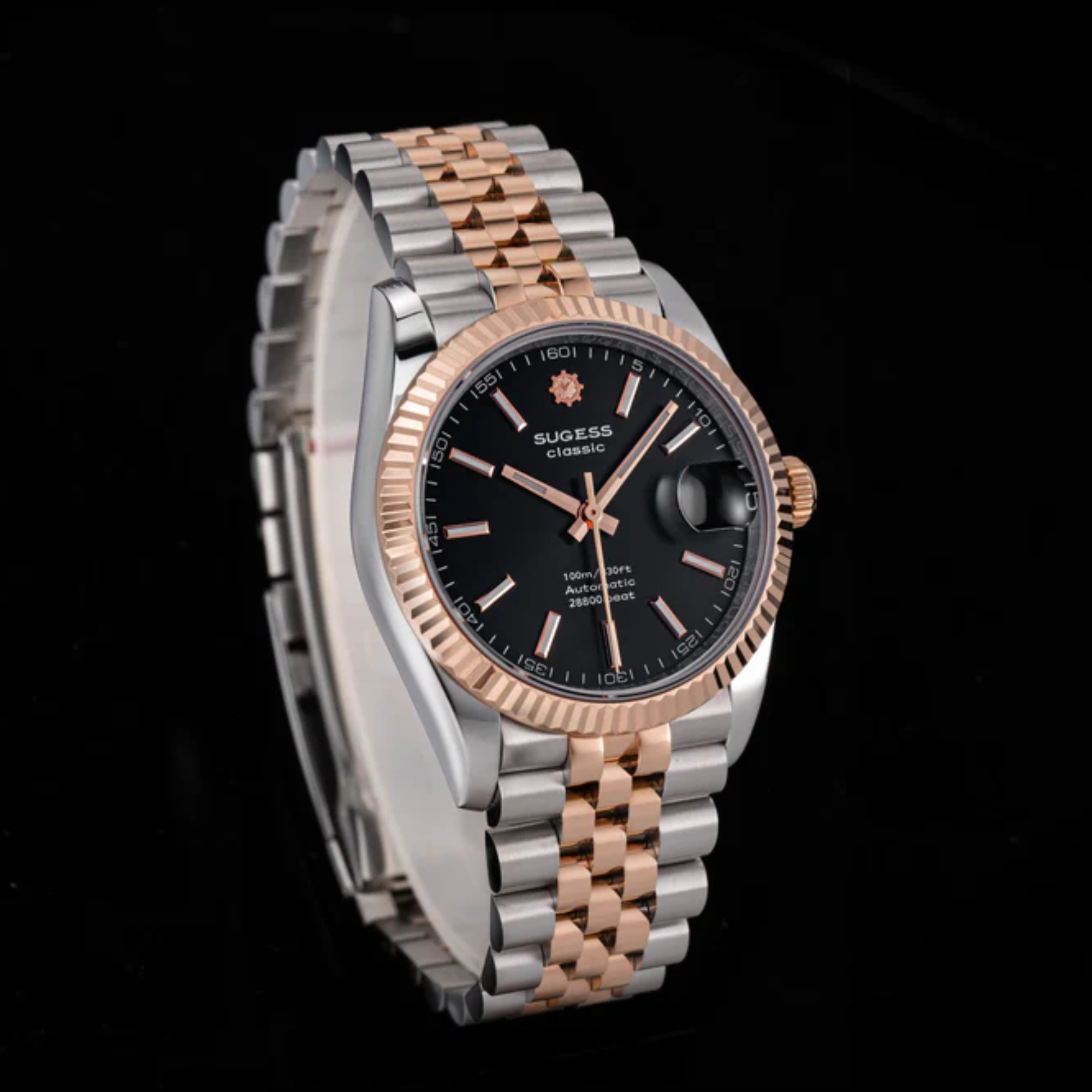 Sugess Automatic Classic S447 Black Dial Rose Gold Two Tone Fluted Bezel Jubilee Bracelet ST2130